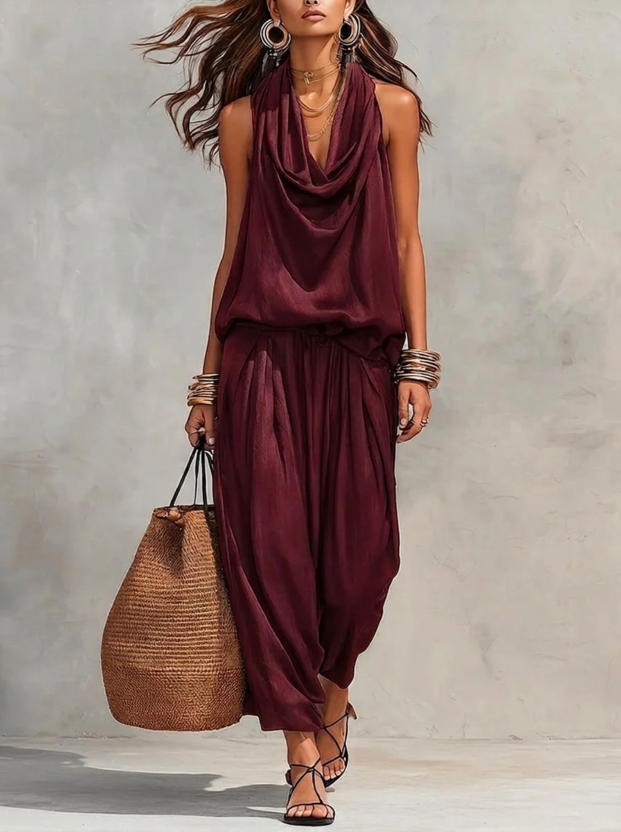 Wine red two-piece set with sleeveless draped cowl-neck top and gathered maxi skirt