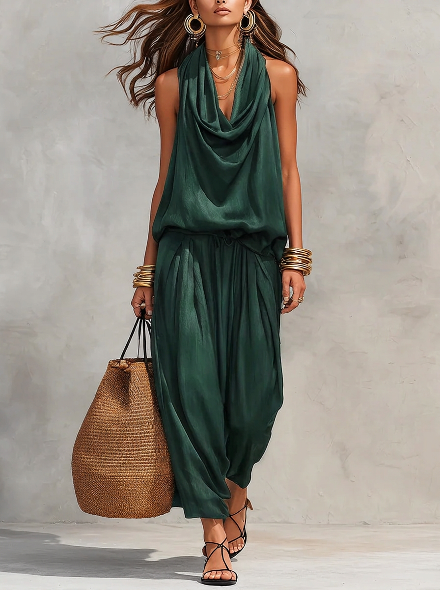Green two-piece set with sleeveless draped cowl-neck top and gathered maxi skirt