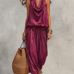 Rose red two-piece set with sleeveless draped cowl-neck top and gathered maxi skirt