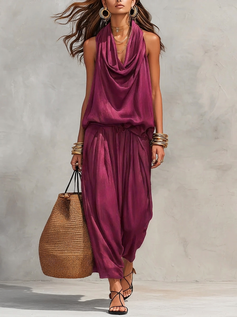 Rose red two-piece set with sleeveless draped cowl-neck top and gathered maxi skirt