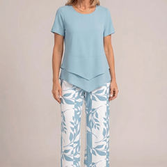 Light blue peplum short-sleeve top and wide-leg trousers set with white leaf print