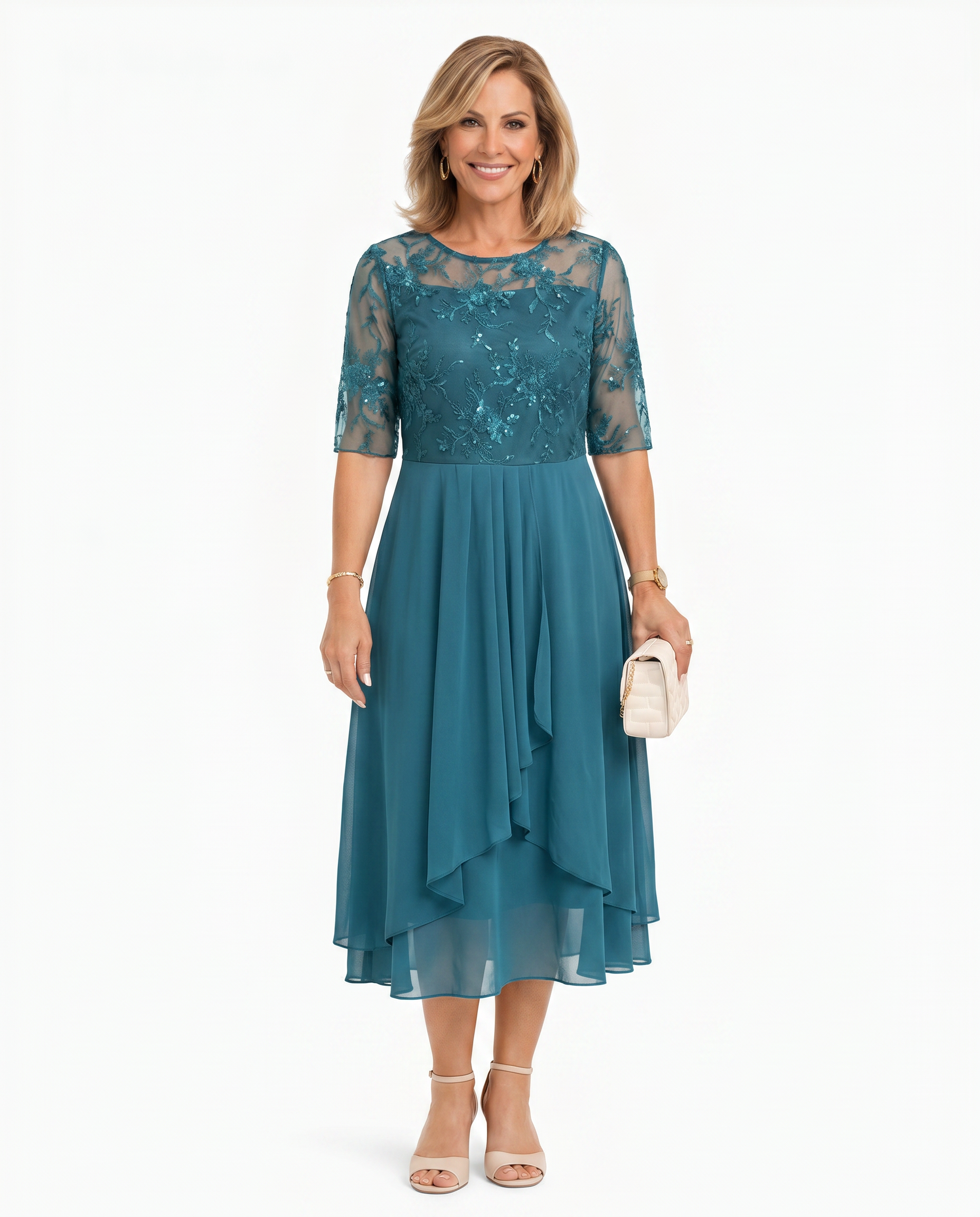 Teal lace midi dress with short sleeves, fitted waist, and layered ruffle hem