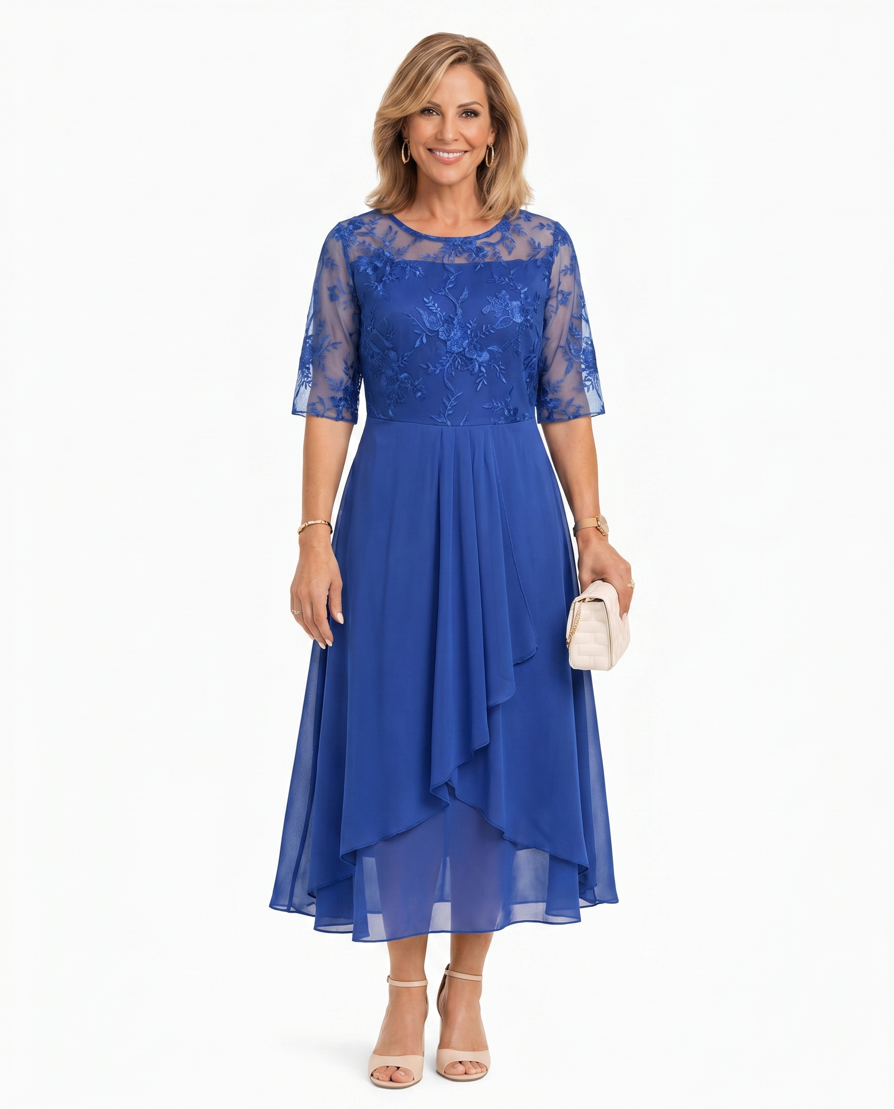 Blue lace midi dress with short lace sleeves, fitted waist, and asymmetric ruffle skirt