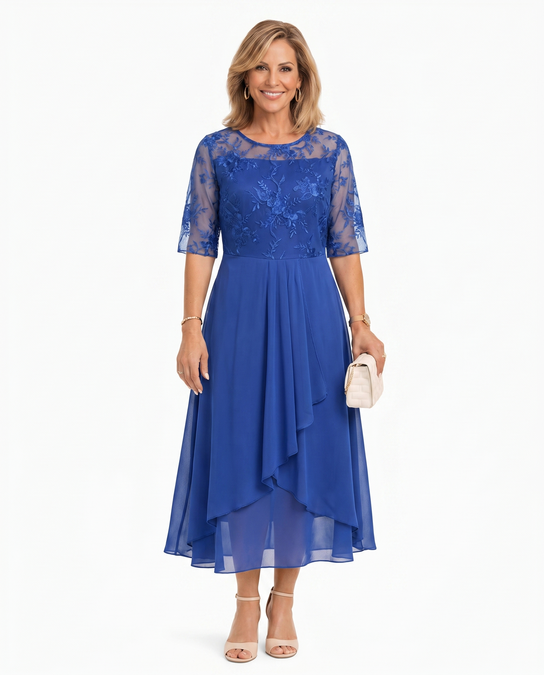 Blue lace midi dress with short lace sleeves, fitted waist, and asymmetric ruffle skirt