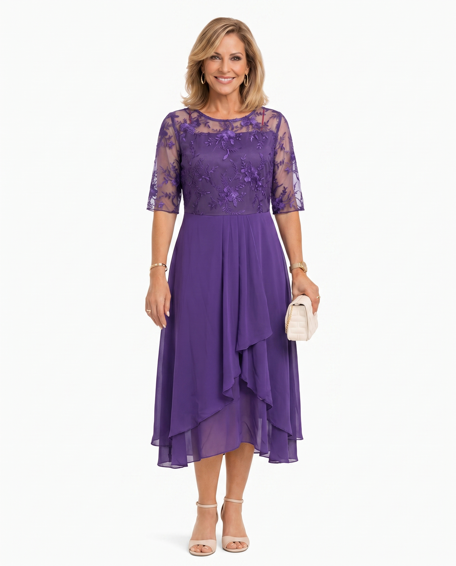 Purple lace midi dress with short sleeves, fitted waist, and tiered ruffle midi hem