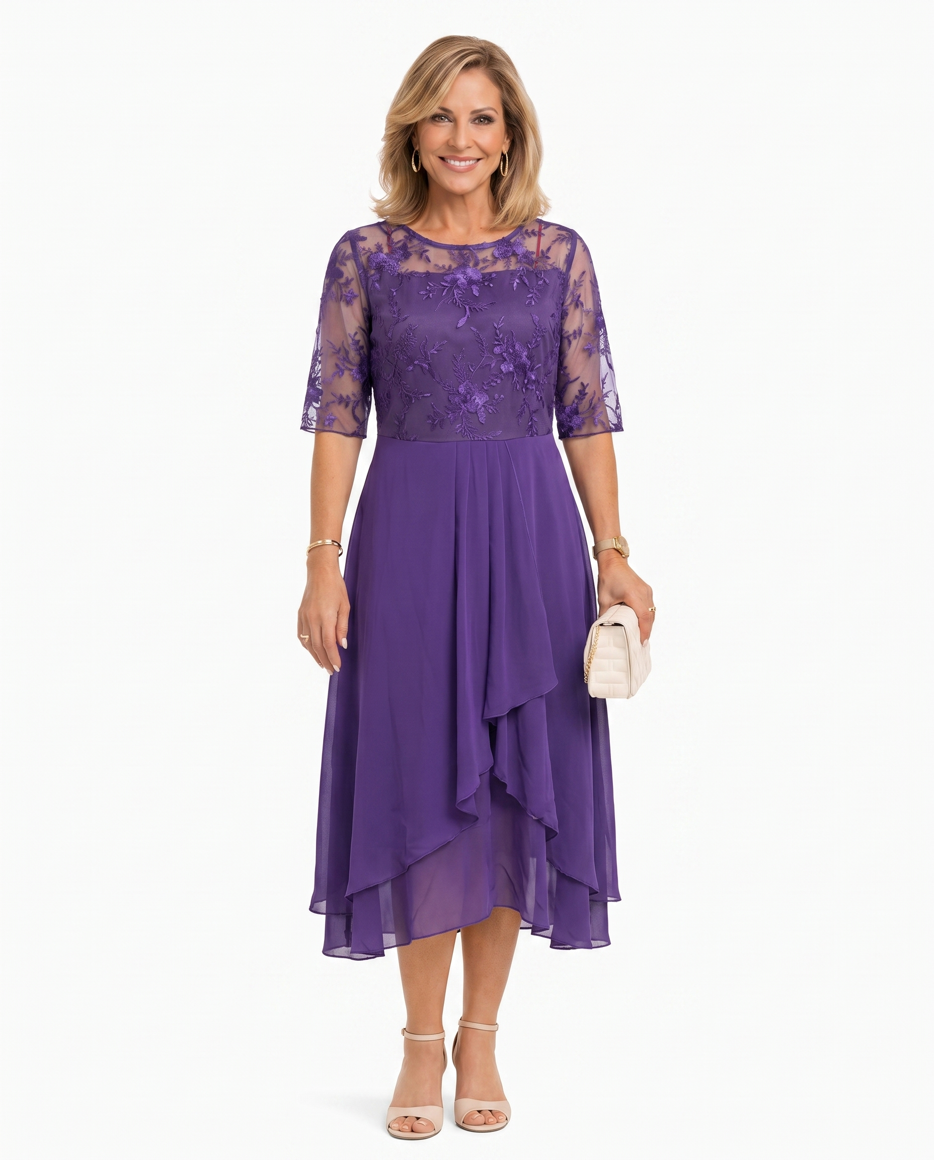 Purple lace midi dress with short sleeves, fitted waist, and tiered ruffle midi hem