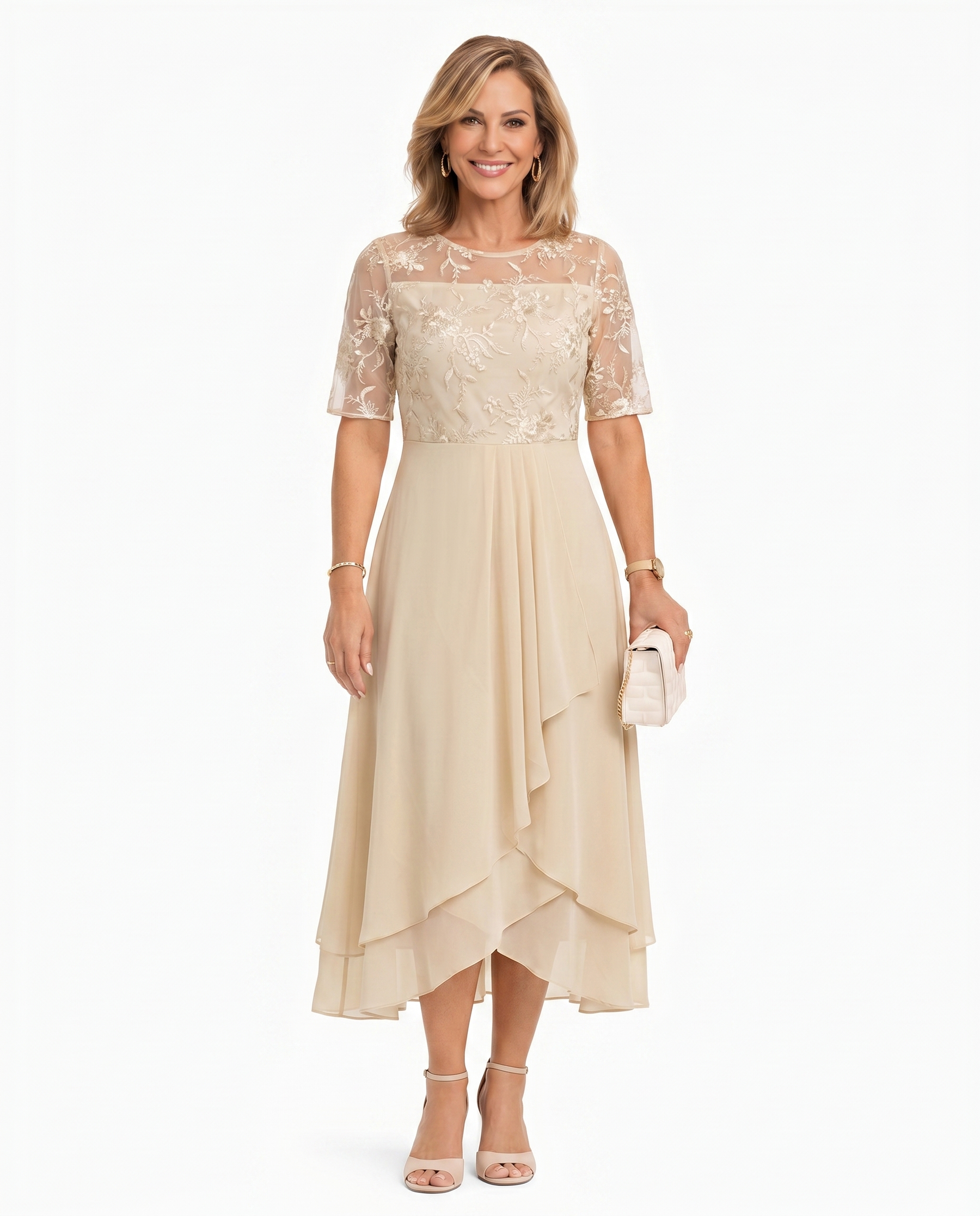 Cream lace midi dress with short sleeves, fitted waist, and layered asymmetrical ruffle hem