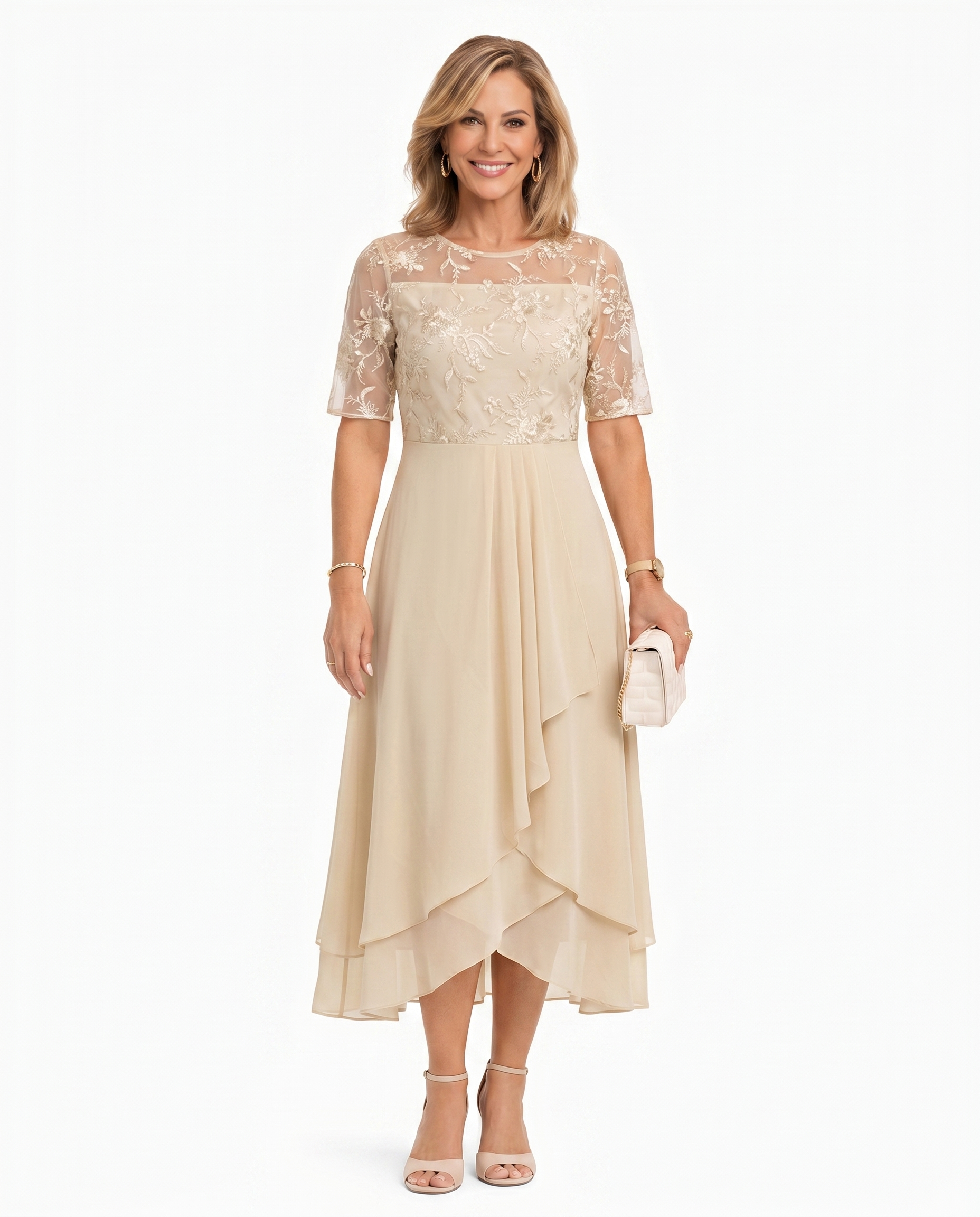 Cream lace midi dress with short sleeves, fitted waist, and layered asymmetrical ruffle hem