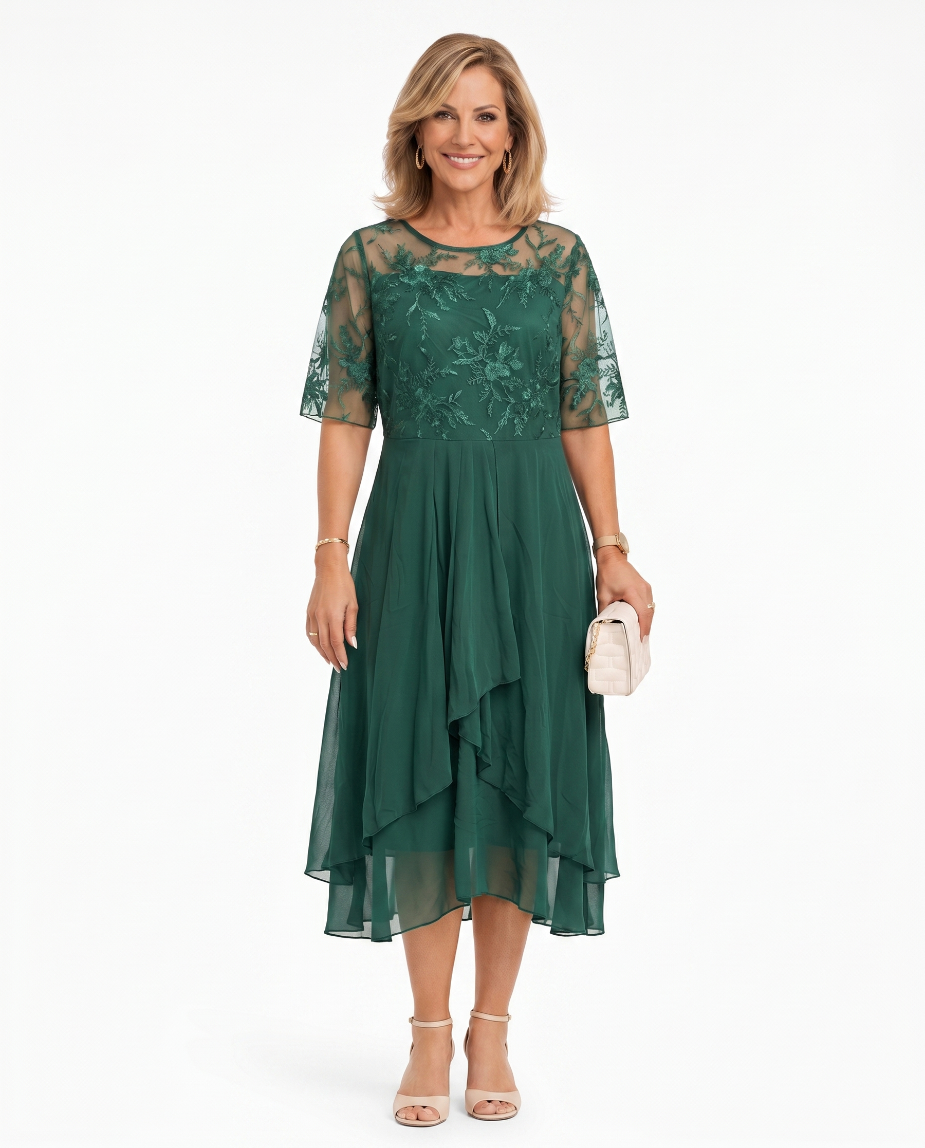 Green lace midi dress with short sleeves, fitted waist, and layered chiffon ruffle hem