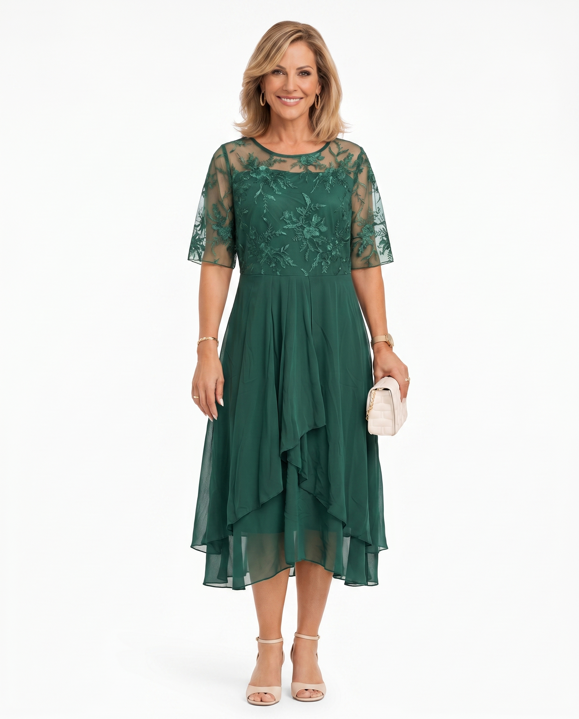 Green lace midi dress with short sleeves, fitted waist, and layered chiffon ruffle hem