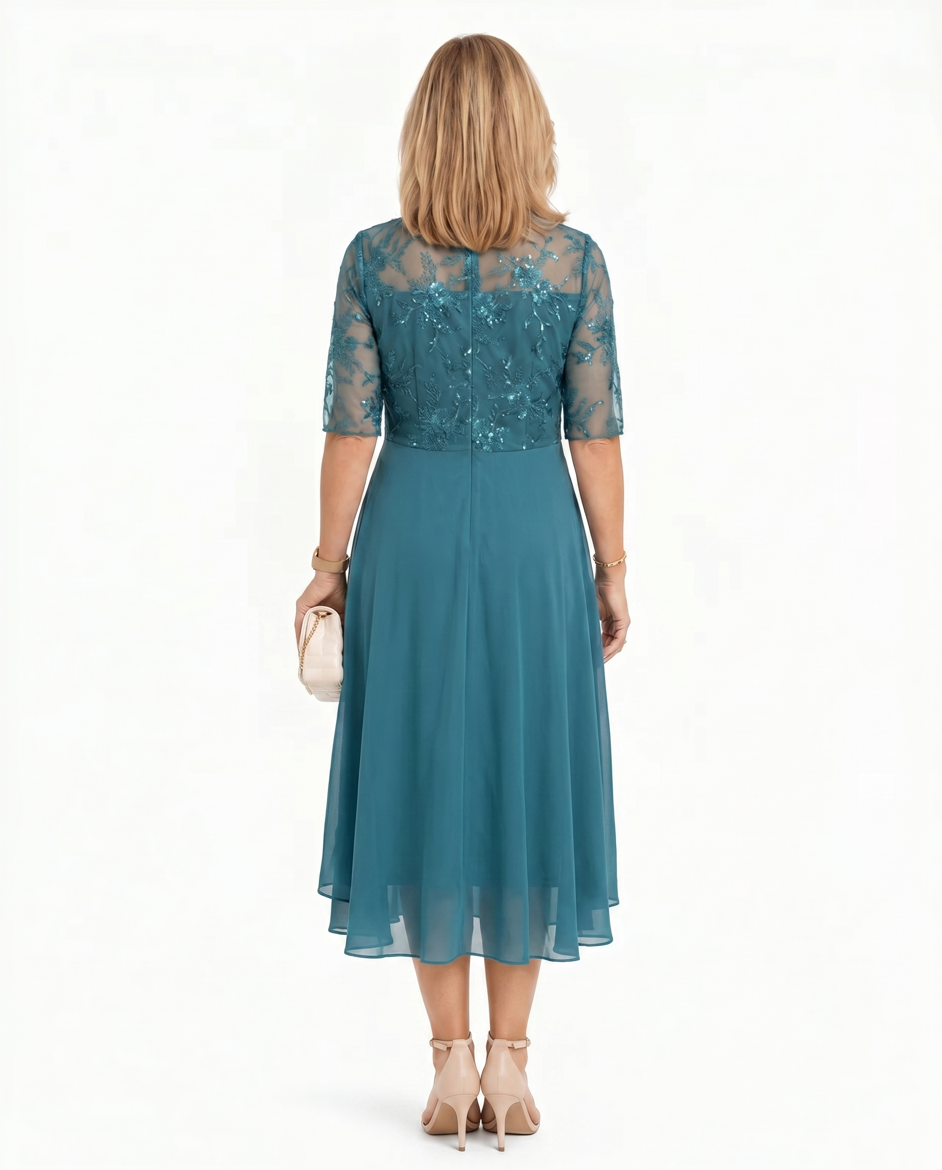 Teal lace midi dress with short sleeves and layered ruffle hem, back view