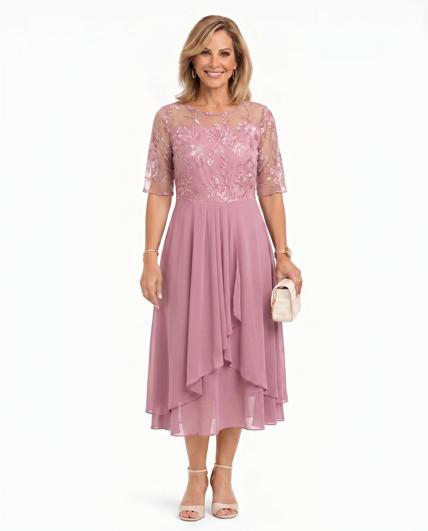 Pink lace midi dress with short sleeves, fitted waist, and layered asymmetrical ruffle skirt