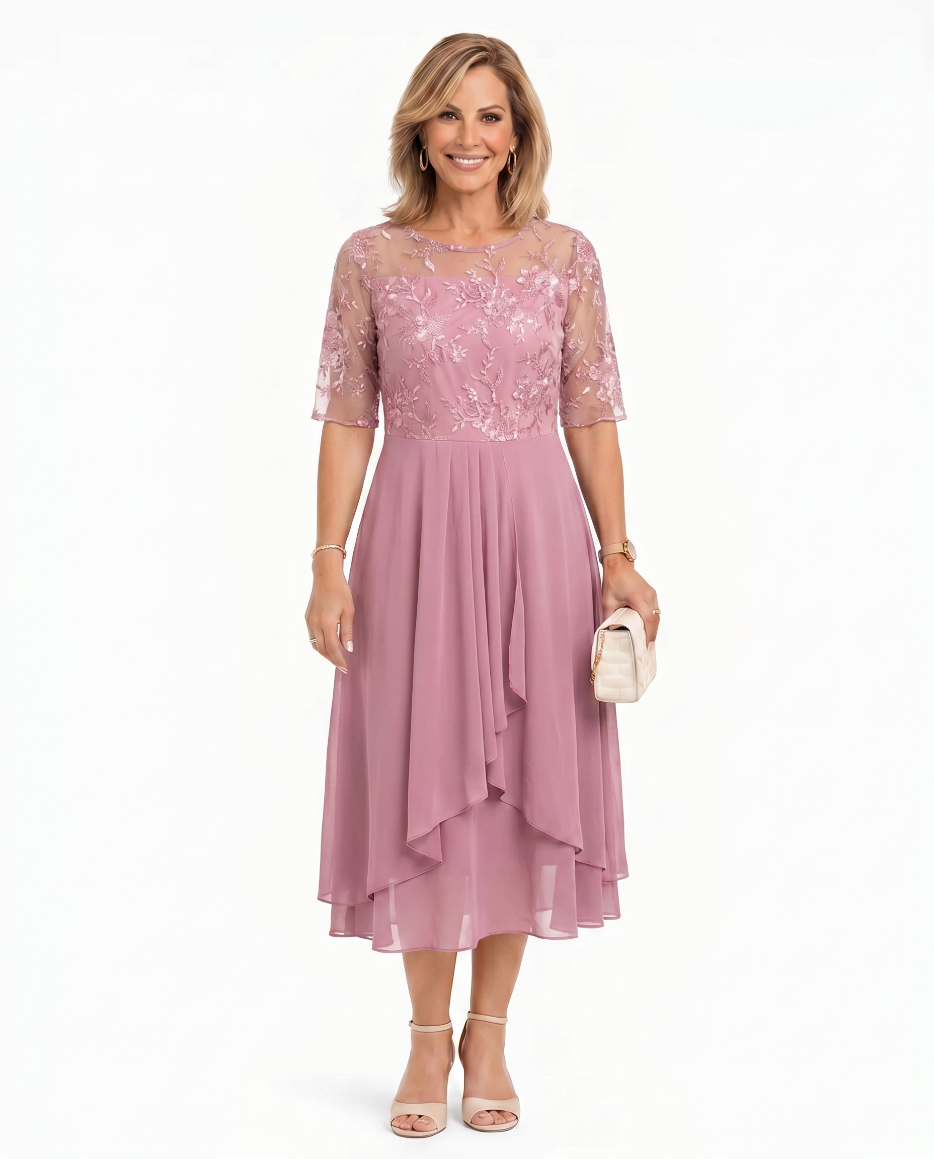 Pink lace midi dress with short sleeves, fitted waist, and layered asymmetrical ruffle skirt