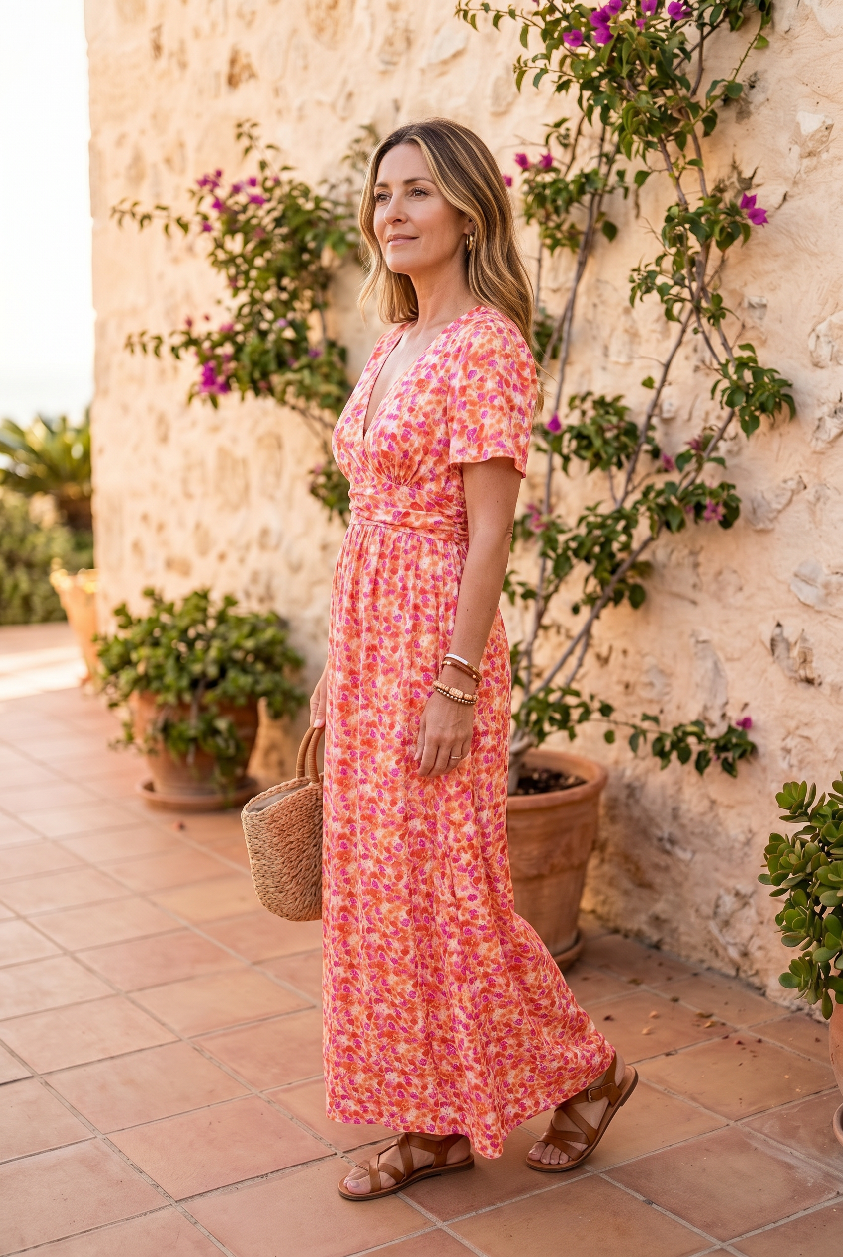Orange floral V-neck maxi dress, side view, short sleeves, gathered waist