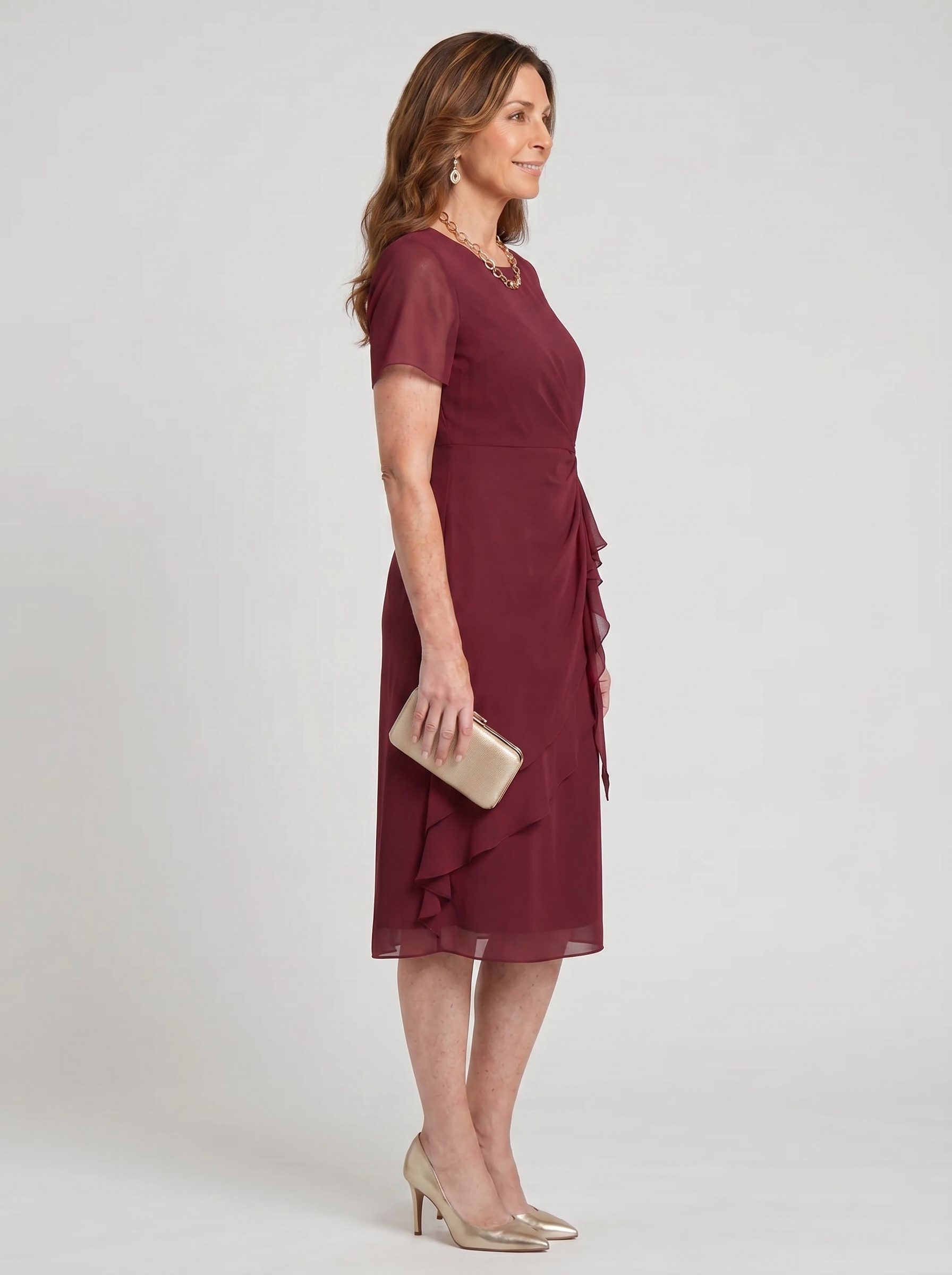 Elegant chiffon draped dress in bordeaux, side view with layered ruffle hem
