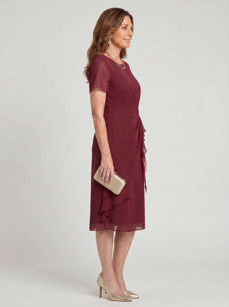 Elegant chiffon draped dress in bordeaux, side view with layered ruffle hem
