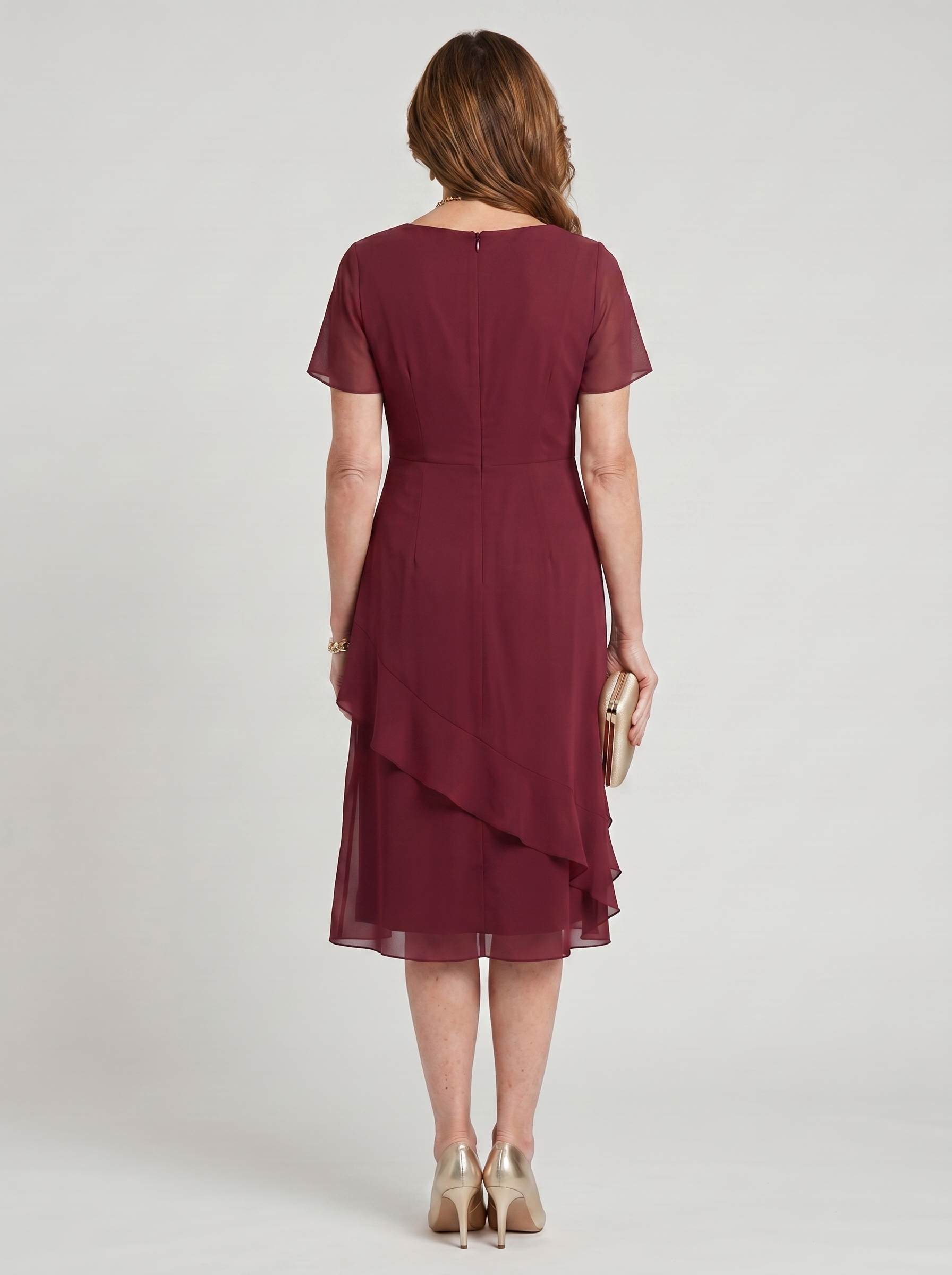Elegant chiffon draped dress in bordeaux, back view with cascading layered ruffle detail
