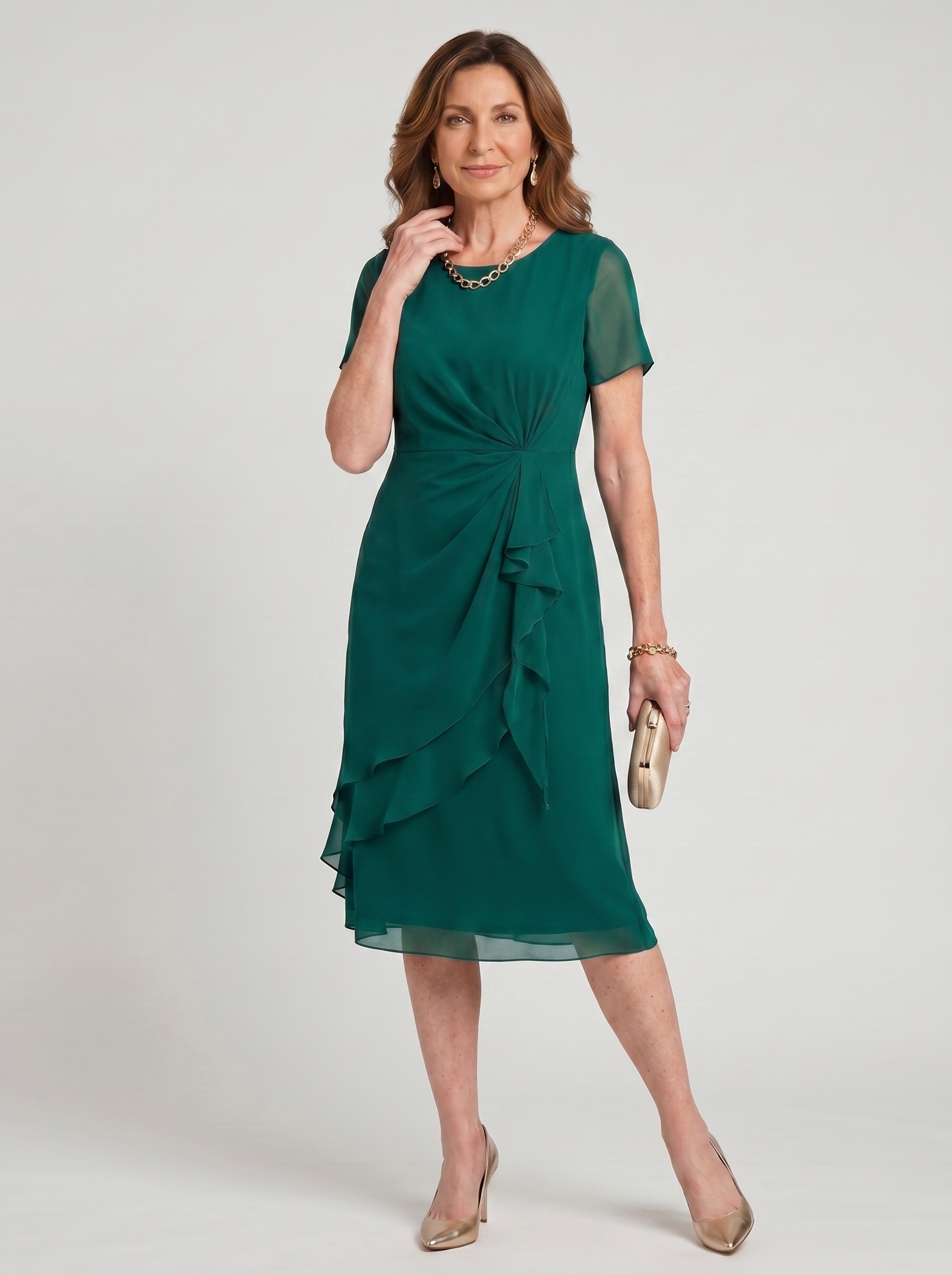 Elegant chiffon draped dress in green with twisted front and layered ruffle hem