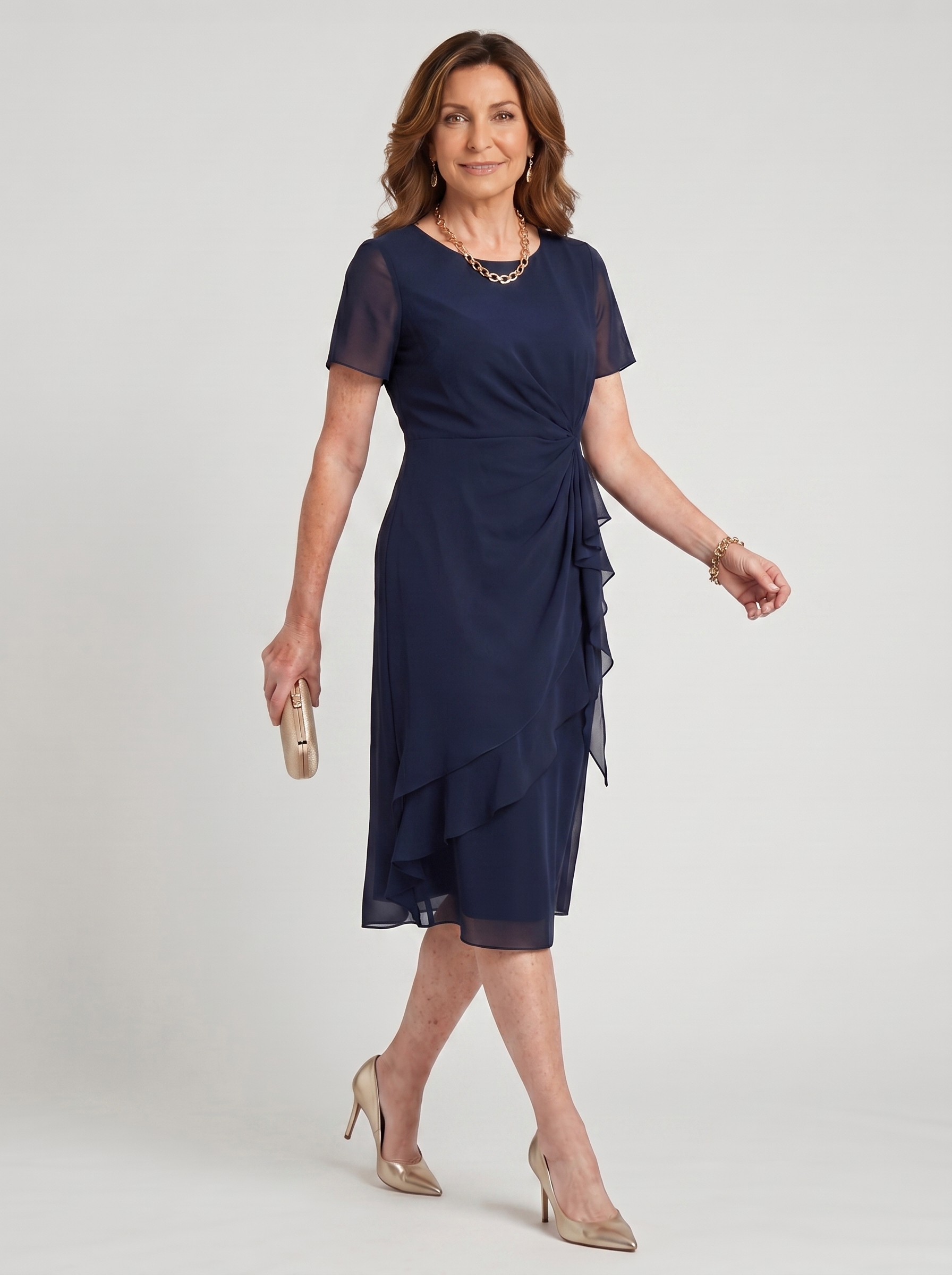 Elegant chiffon draped dress in navy blue with twisted front and layered ruffle hem