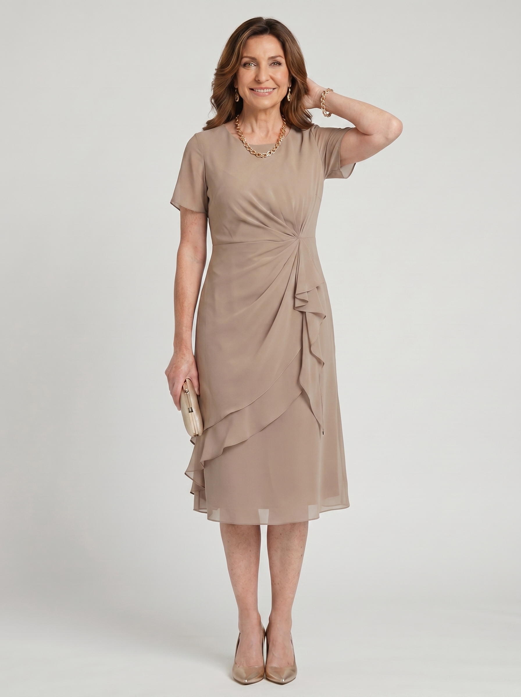 Elegant chiffon draped dress in khaki with twisted front and layered ruffle side detail