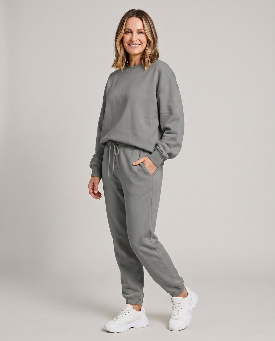 Solid round-neck sweater and drawstring trouser set in heather gray.