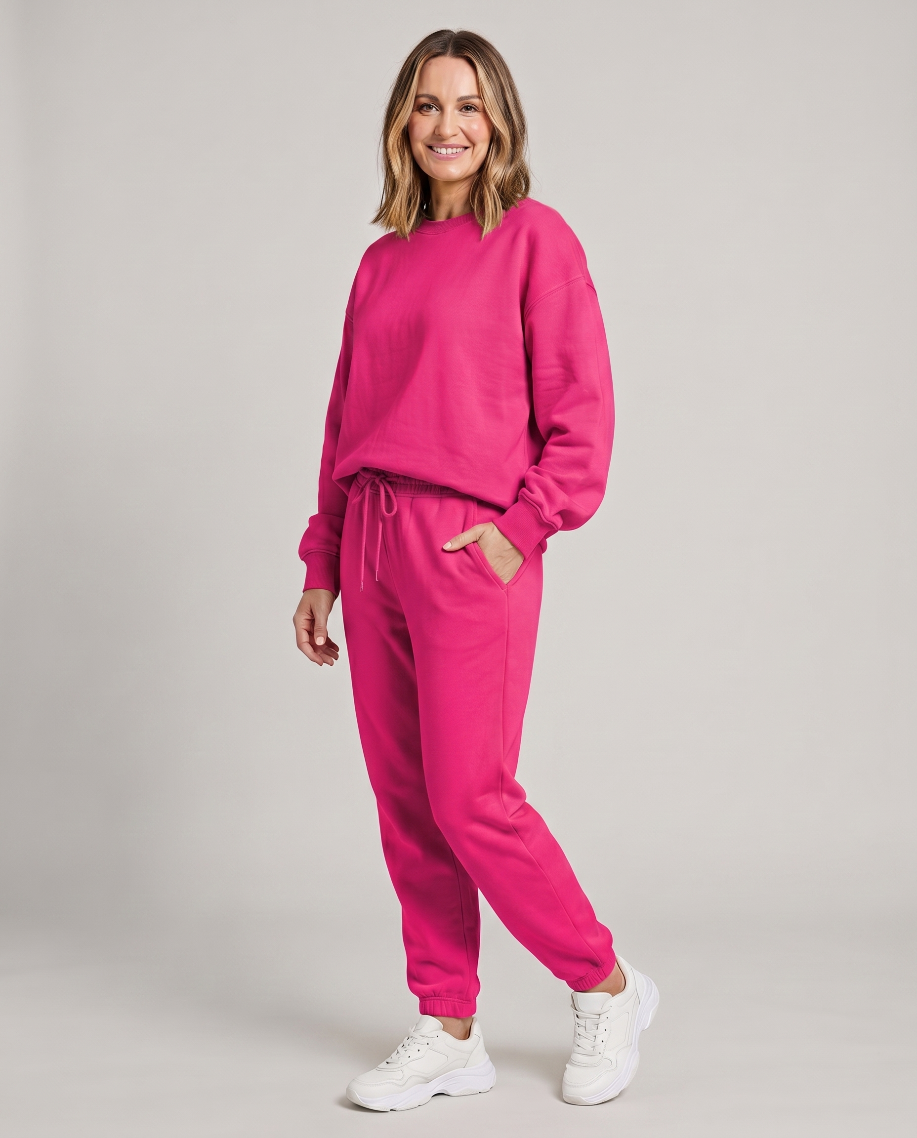 Solid round-neck sweater and drawstring trouser set in bright fuchsia pink.