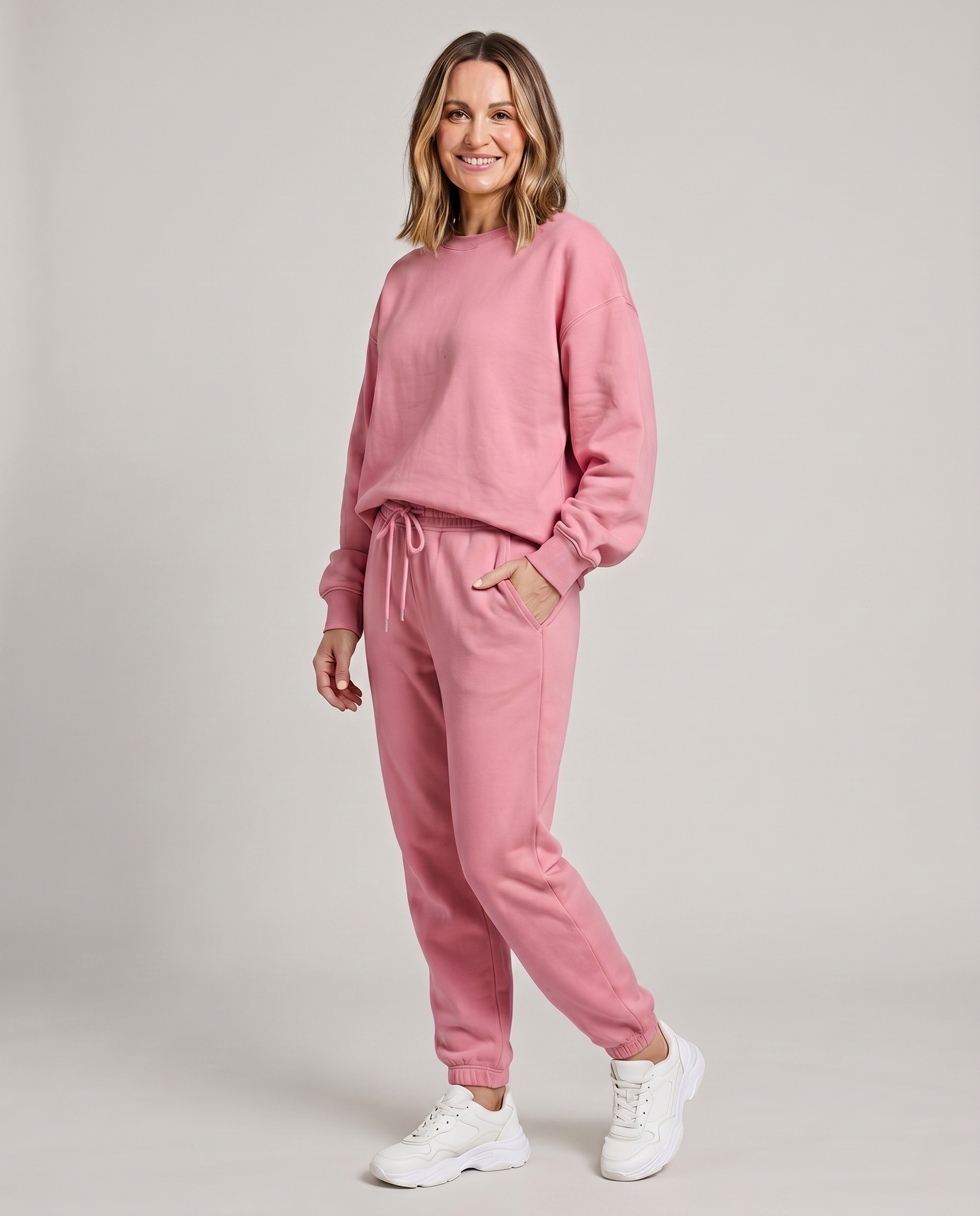 Solid round-neck sweater and drawstring trouser set in dusty rose pink.