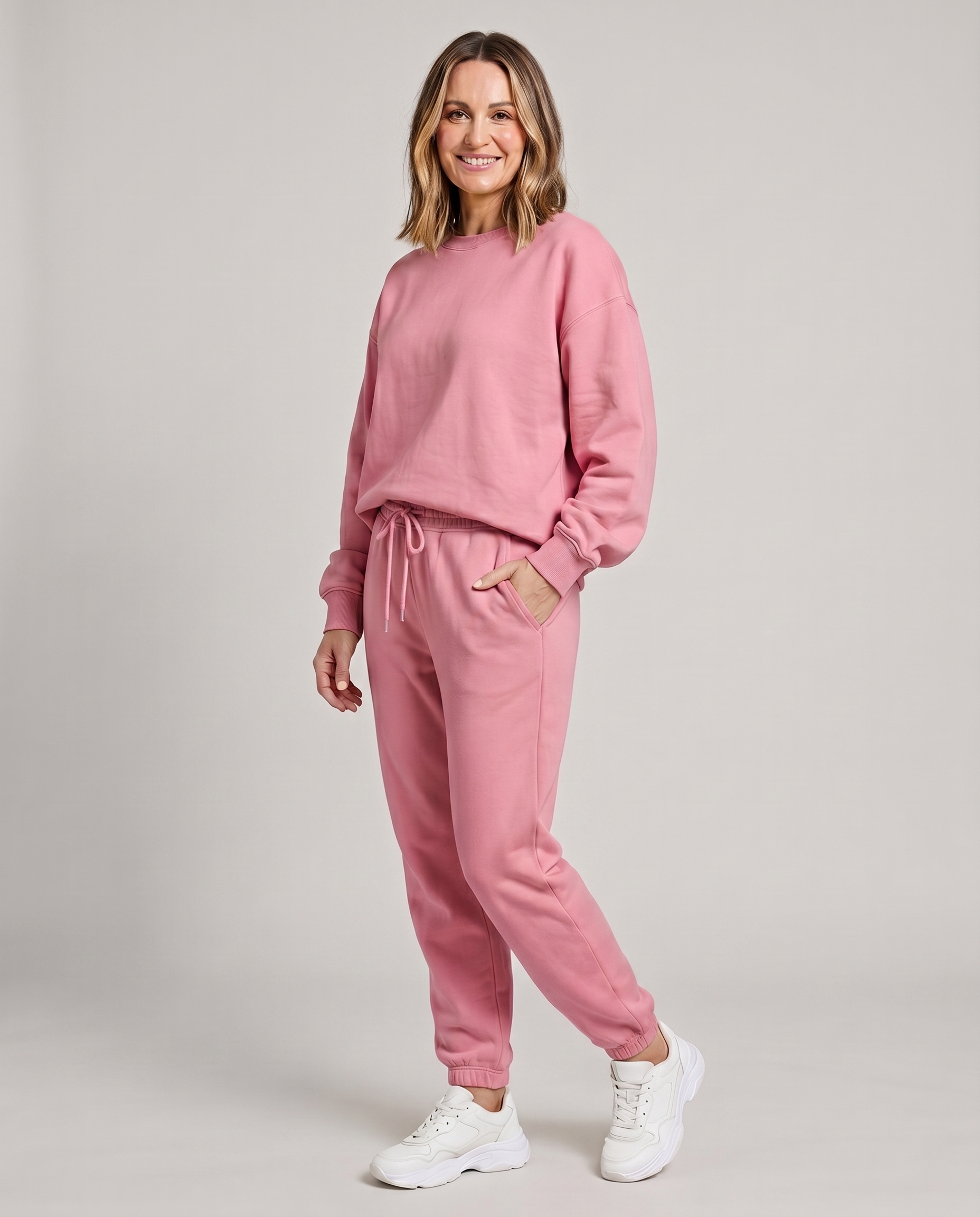 Solid round-neck sweater and drawstring trouser set in dusty rose pink.