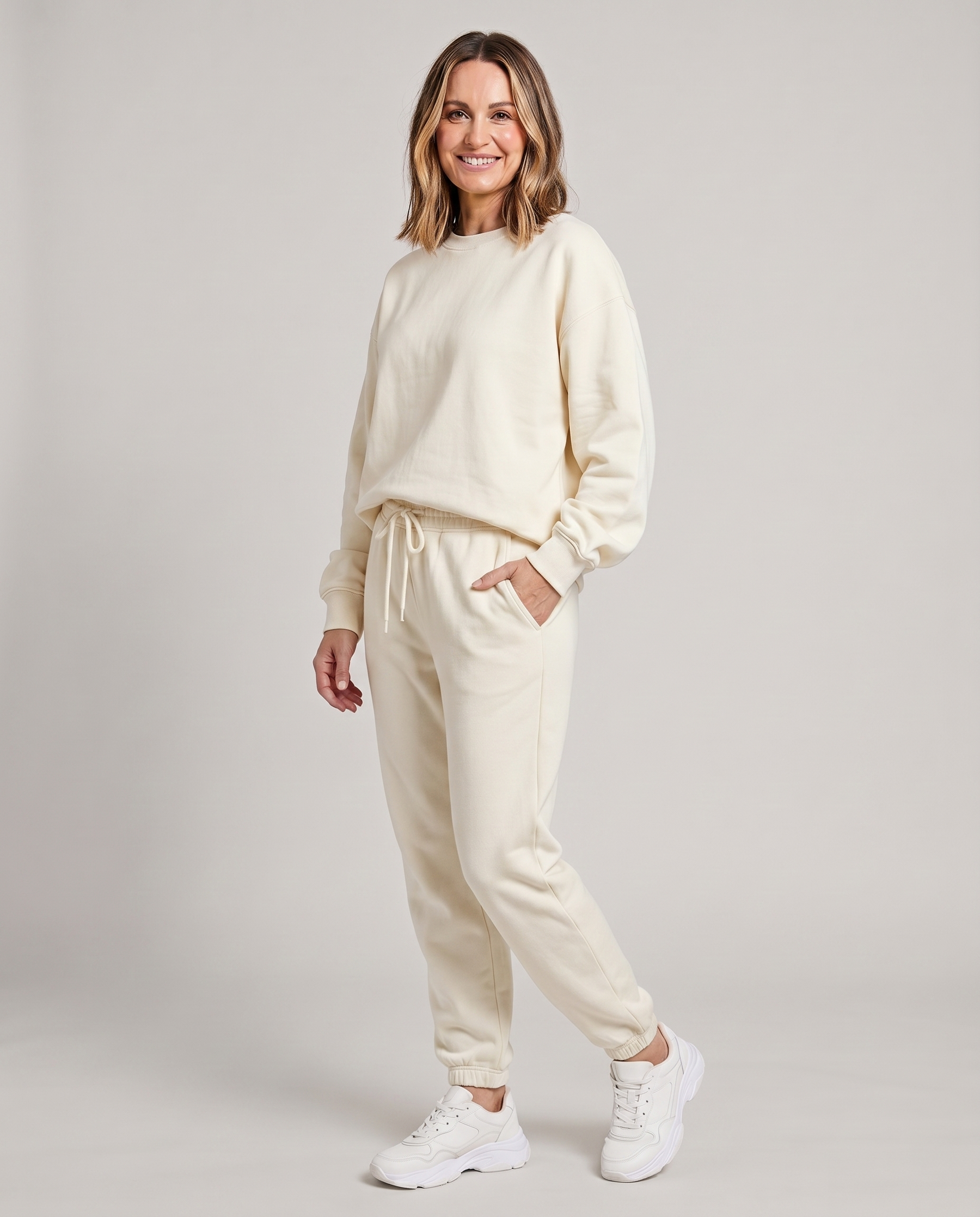 Solid round-neck sweater and drawstring trouser set in off-white.
