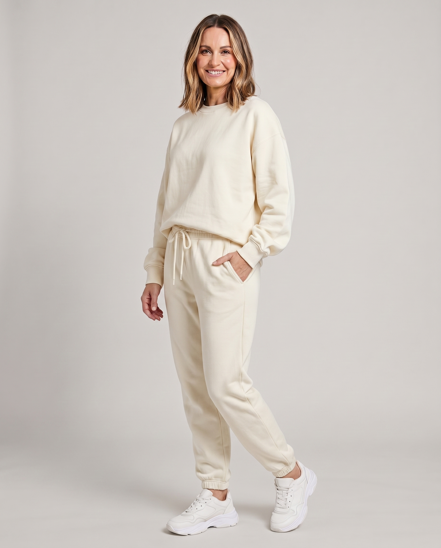 Solid round-neck sweater and drawstring trouser set in off-white.