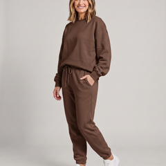 Solid round-neck sweater and drawstring trouser set in chocolate brown.
