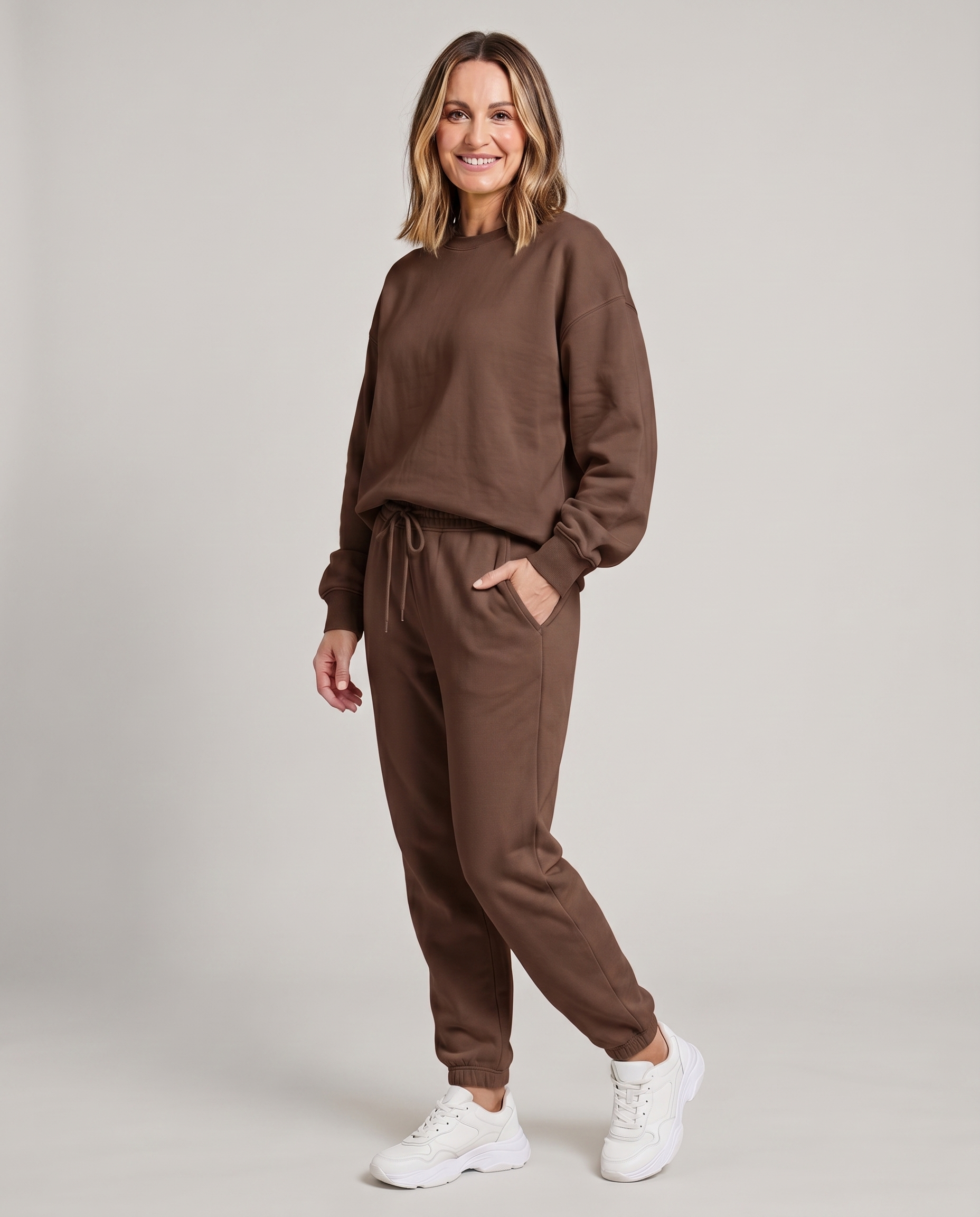 Solid round-neck sweater and drawstring trouser set in chocolate brown.