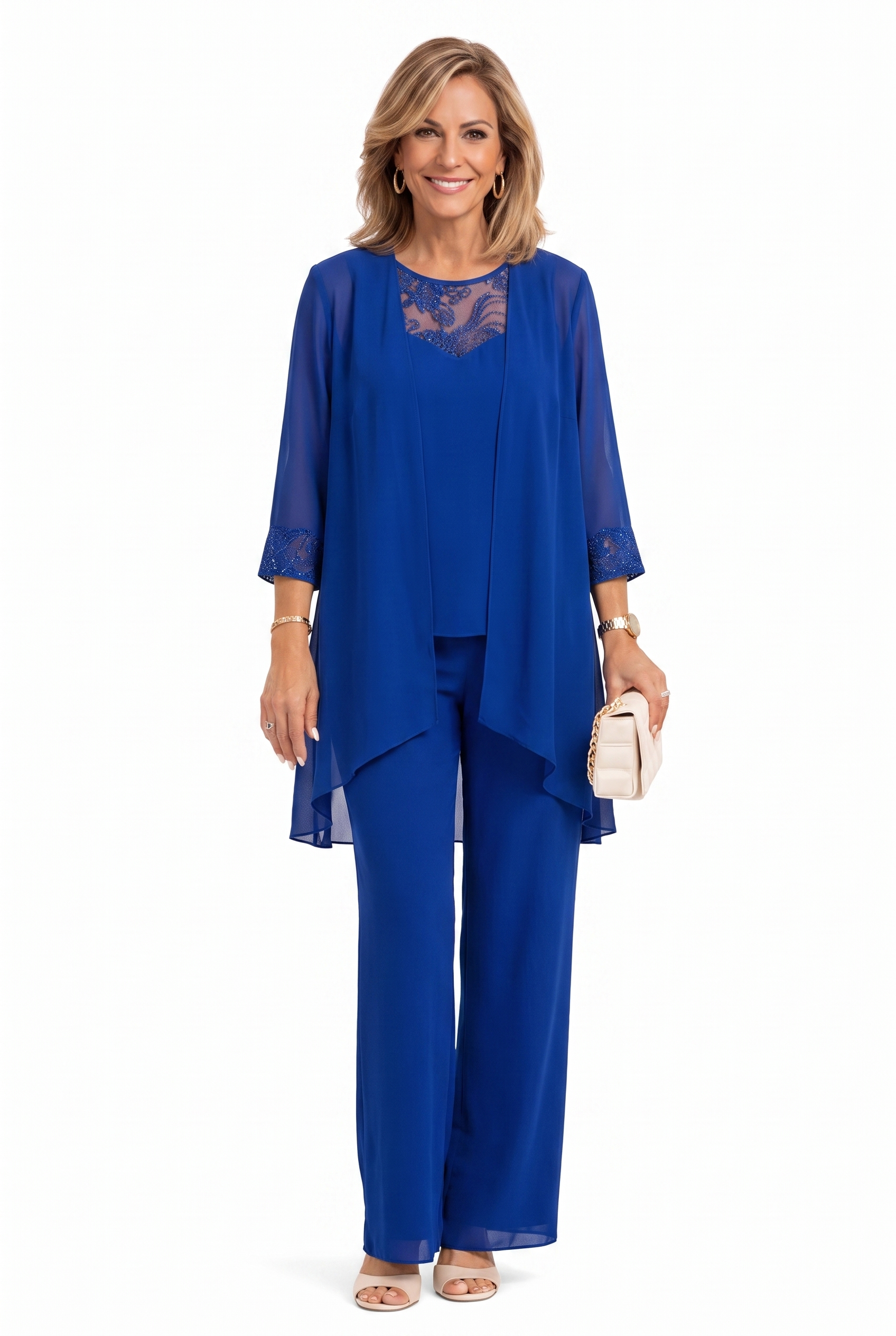 Blue three-piece outfit: lace-trim tunic over layered top and matching wide-leg pants