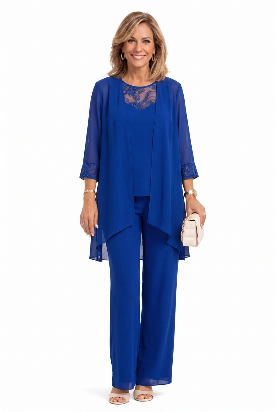 Blue three-piece outfit: lace-trim tunic over layered top and matching wide-leg pants