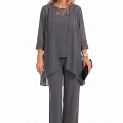 Grey three-piece outfit: lace-trim tunic over layered top and matching wide-leg pants