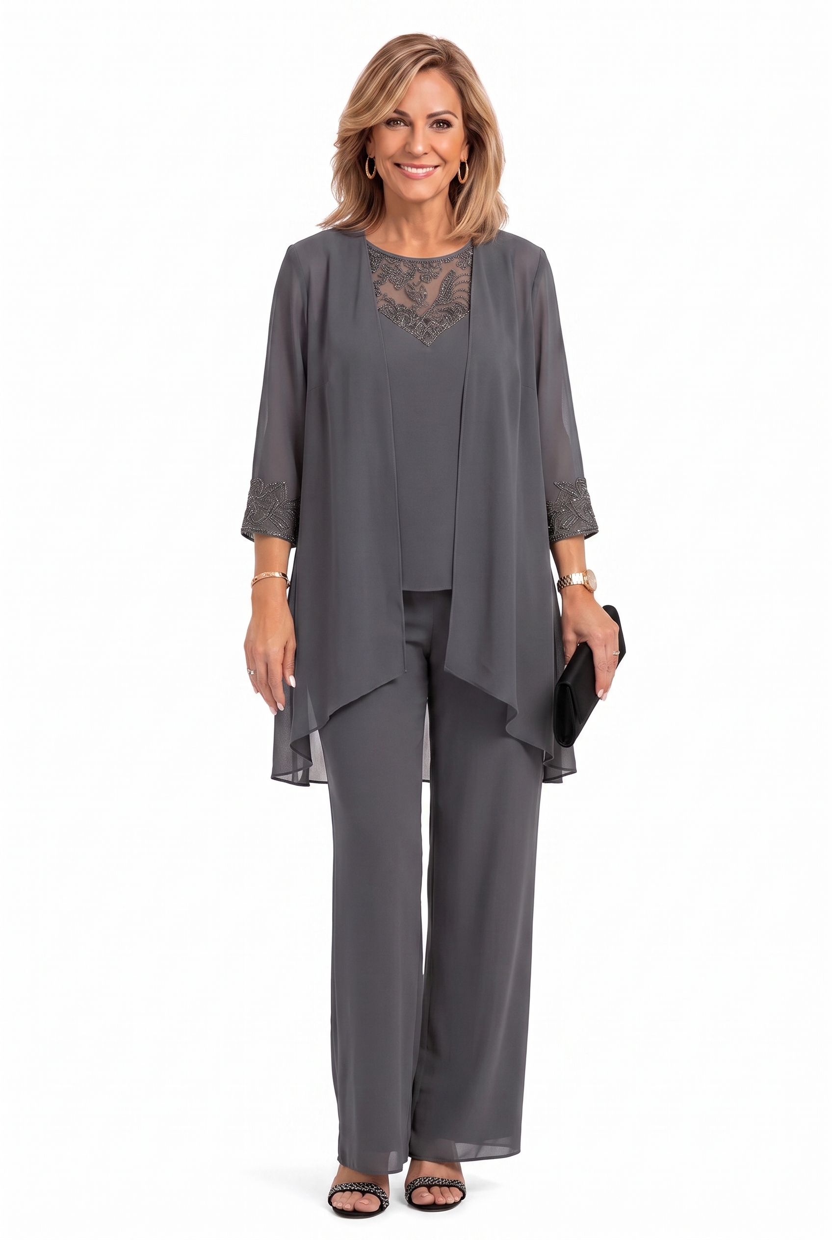 Grey three-piece outfit: lace-trim tunic over layered top and matching wide-leg pants