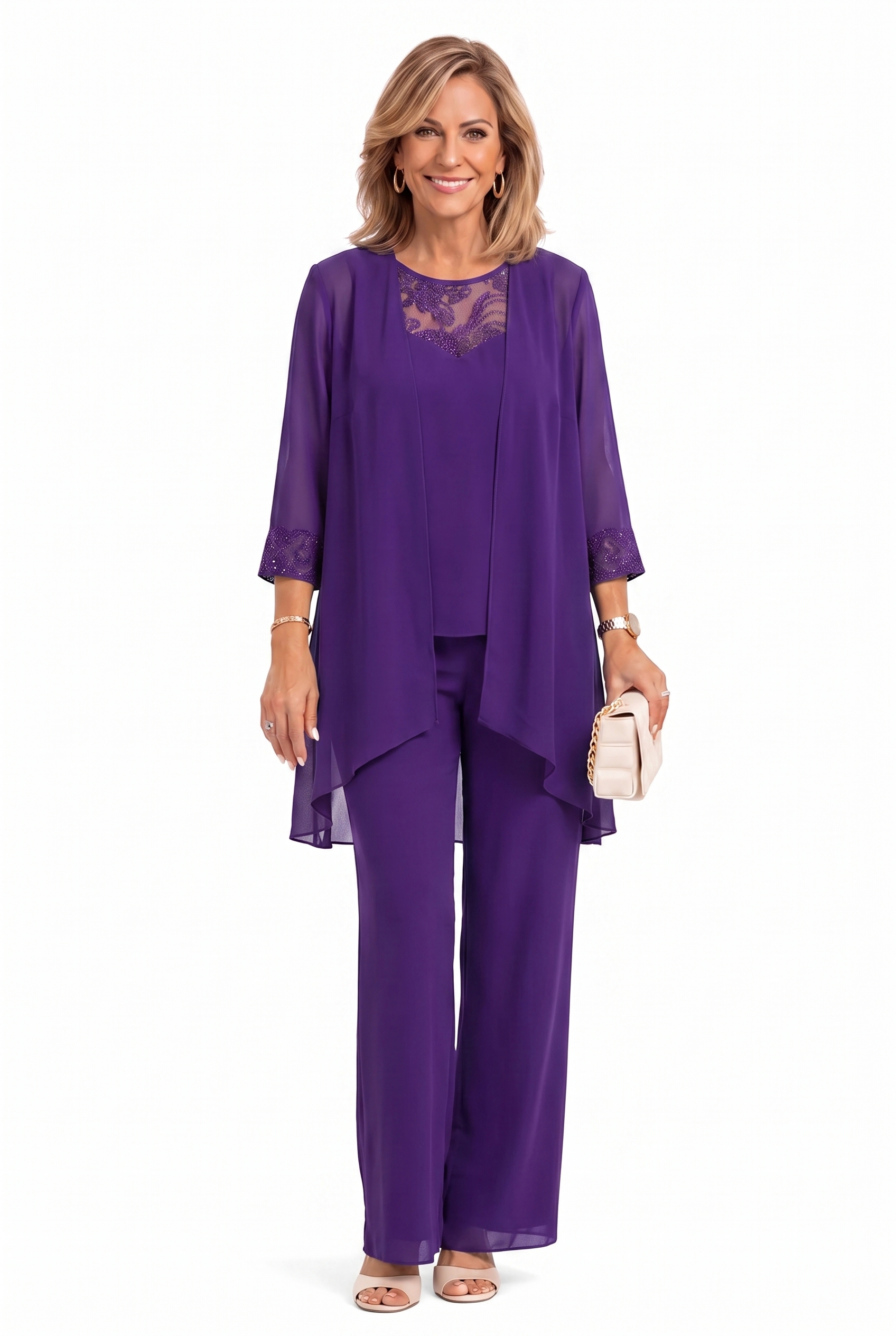 Violet three-piece outfit: lace-trim tunic over layered top and matching wide-leg pants