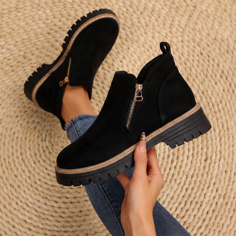 Beatrice women's ankle boots, black suede, side zipper, cushioned lug sole, stitched trim