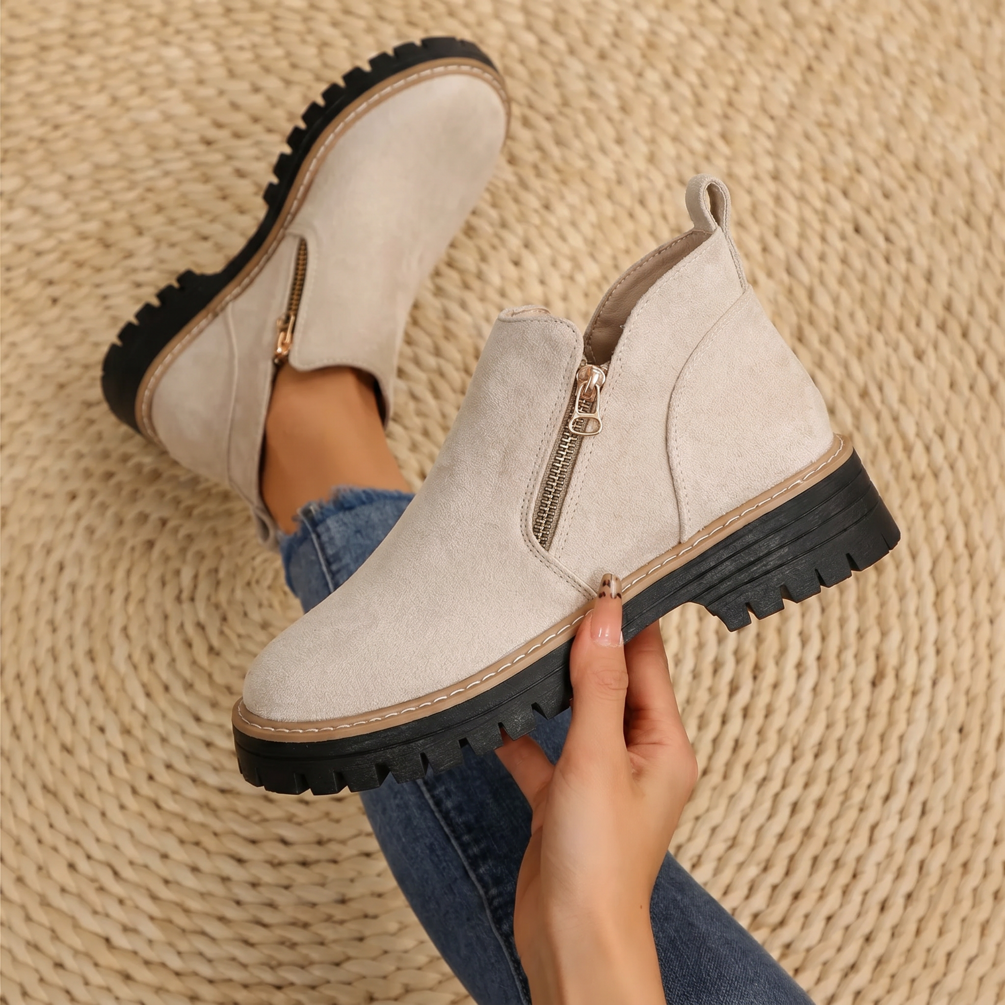 Women's ankle boots, beige suede-look with side zipper and lugged tread sole.