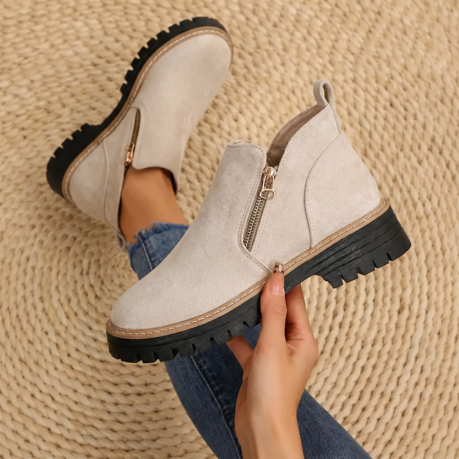 Margot women's ankle boots, light beige suede, side zipper, lug sole