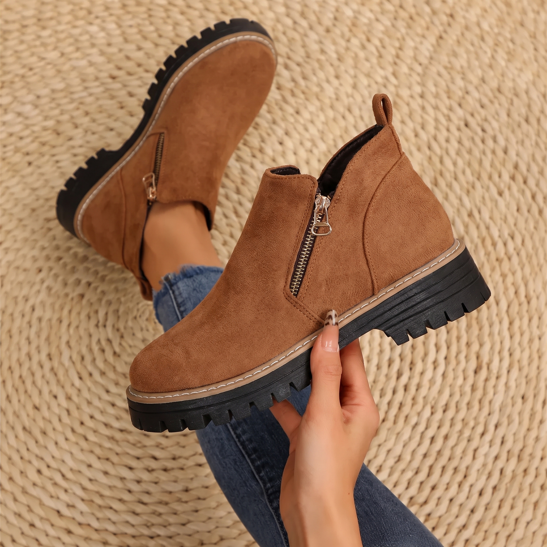 Women’s brown suede ankle boots with side zipper and chunky lug sole