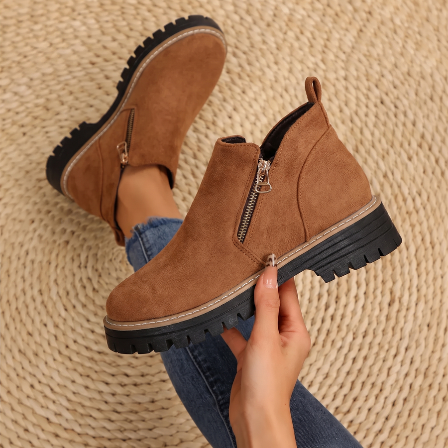 Women’s brown suede ankle boots with side zipper and chunky lug sole