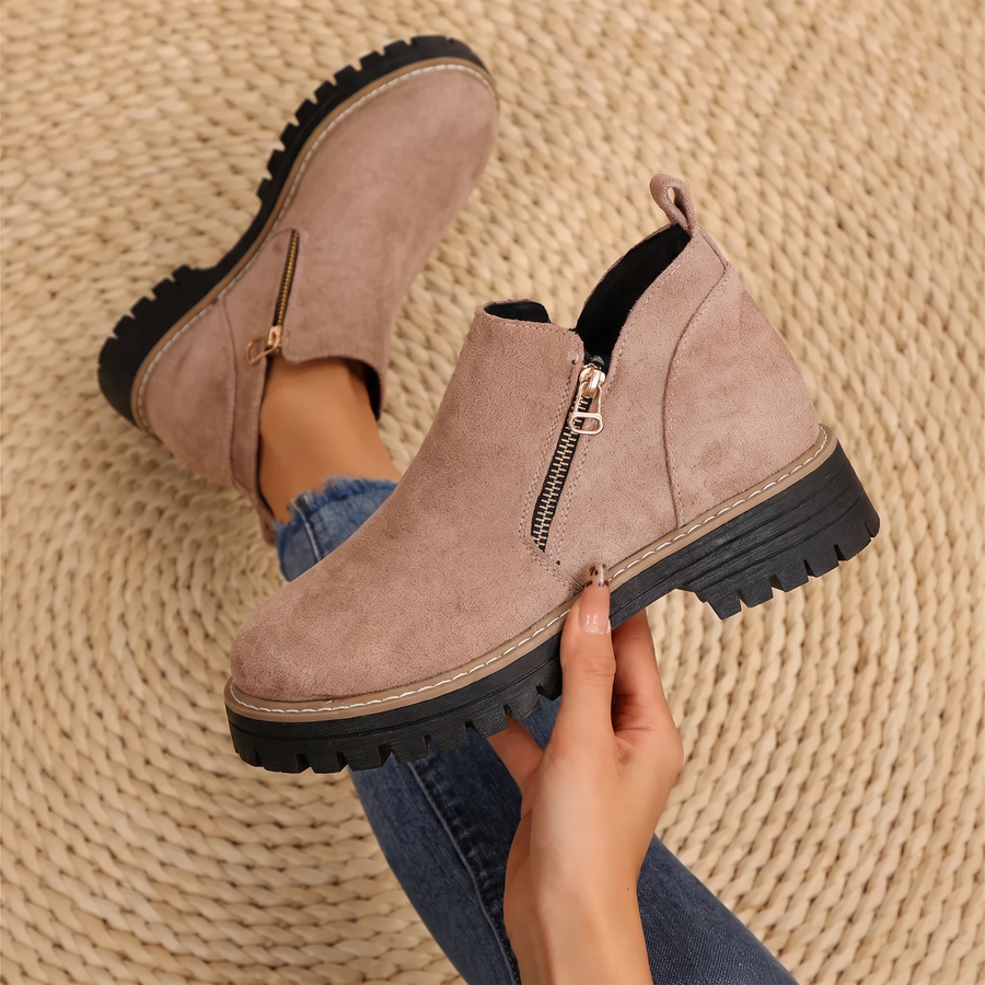Vivienne women's ankle boots, suede taupe with side zipper and chunky lug sole