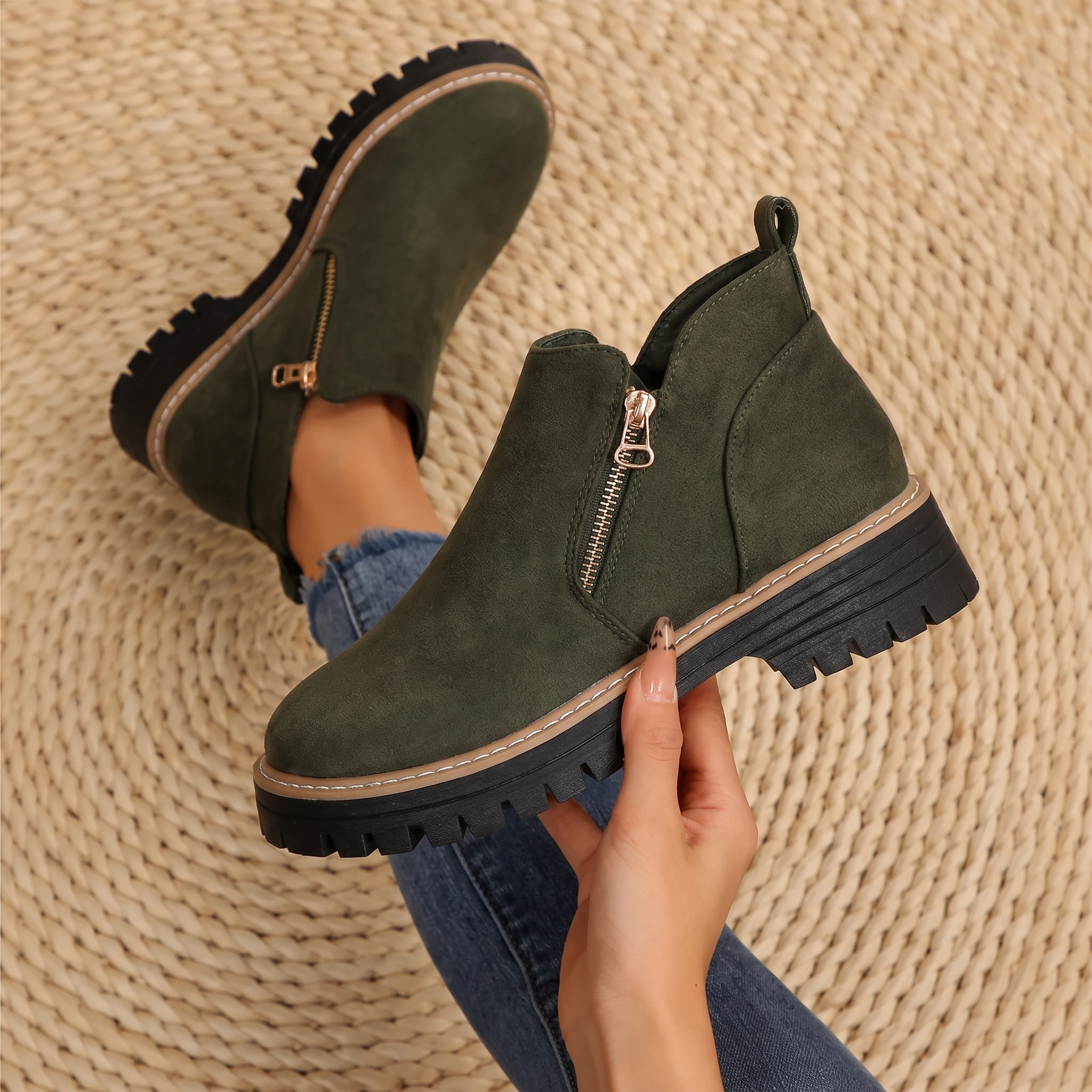 Women’s ankle boots in dark green suede, side zipper and lug rubber sole