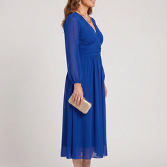 Chloe™ blue chiffon dress, side profile, V-neck, long sleeves, midi hem