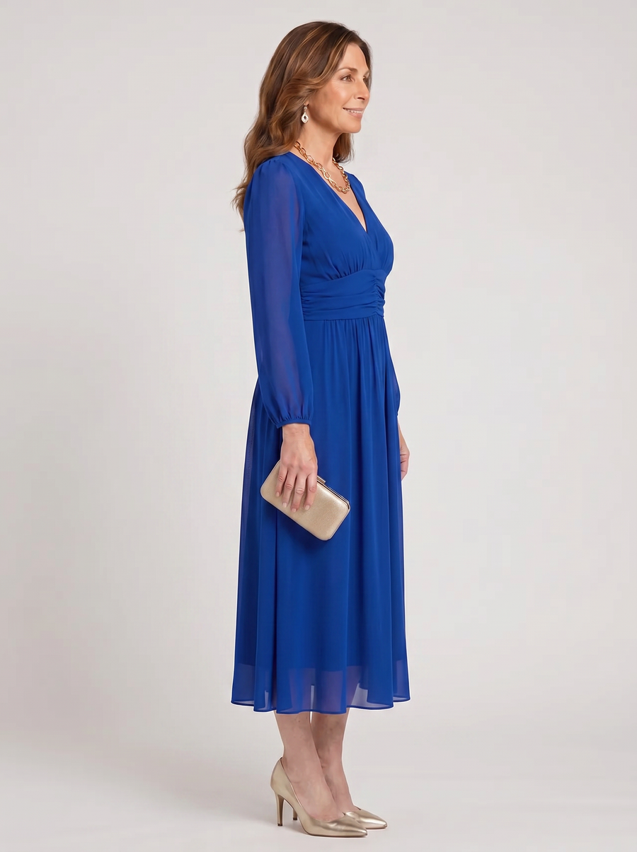 Chloe™ blue chiffon dress, side profile, V-neck, long sleeves, midi hem