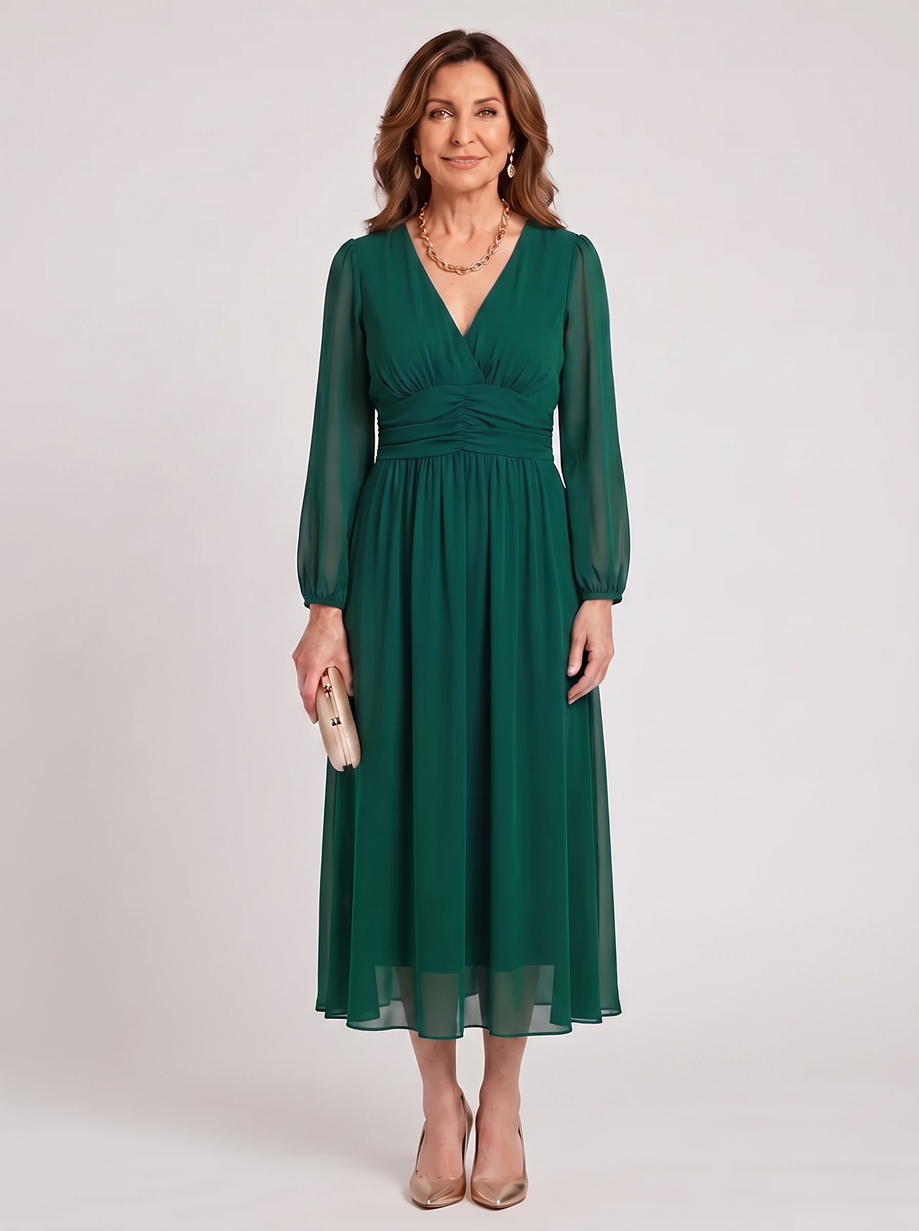 Chloe™ green chiffon dress, V-neck, long puff sleeves, gathered waist midi