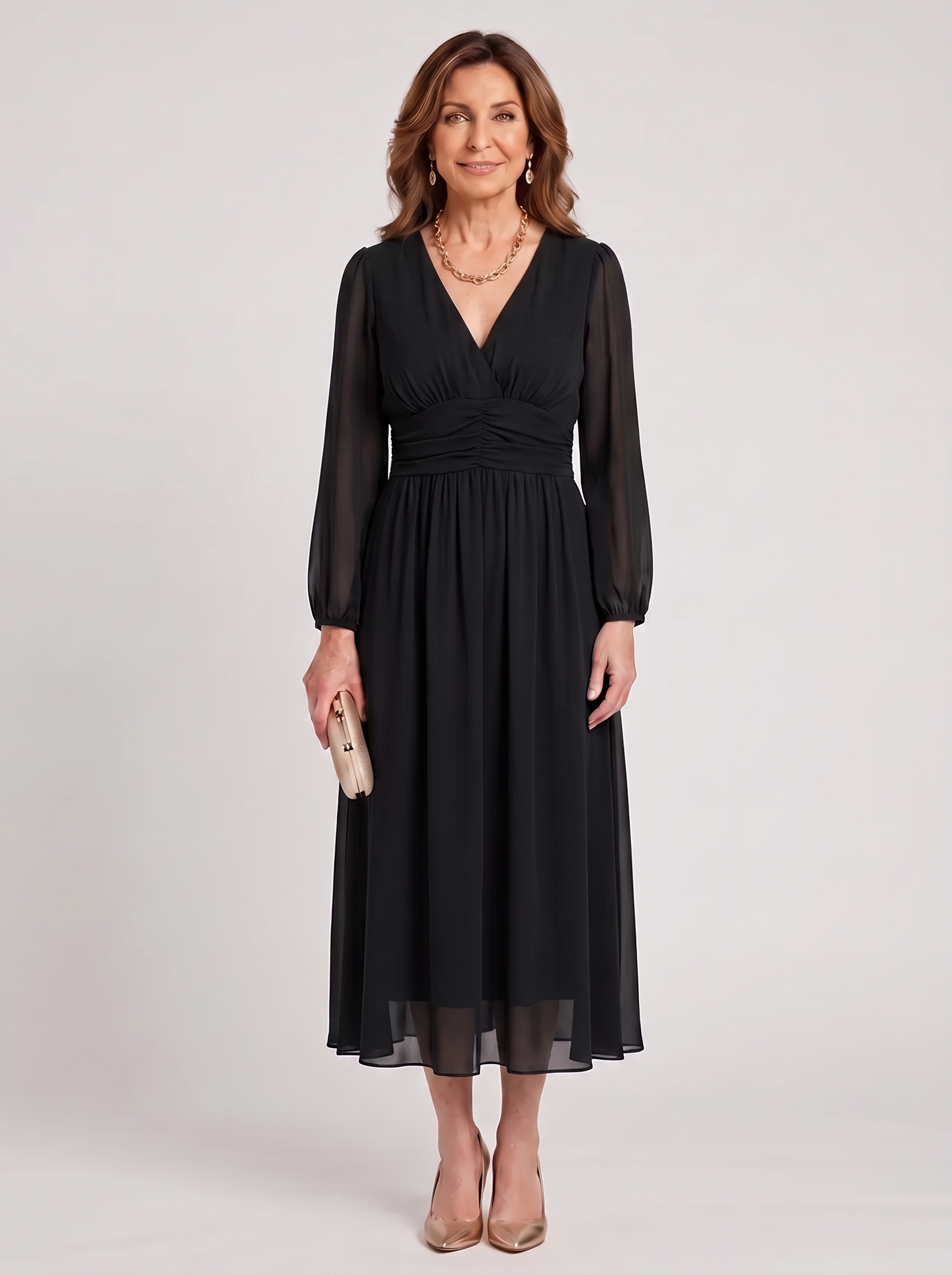 Chloe™ black chiffon dress, V-neck, long puff sleeves, gathered waist midi