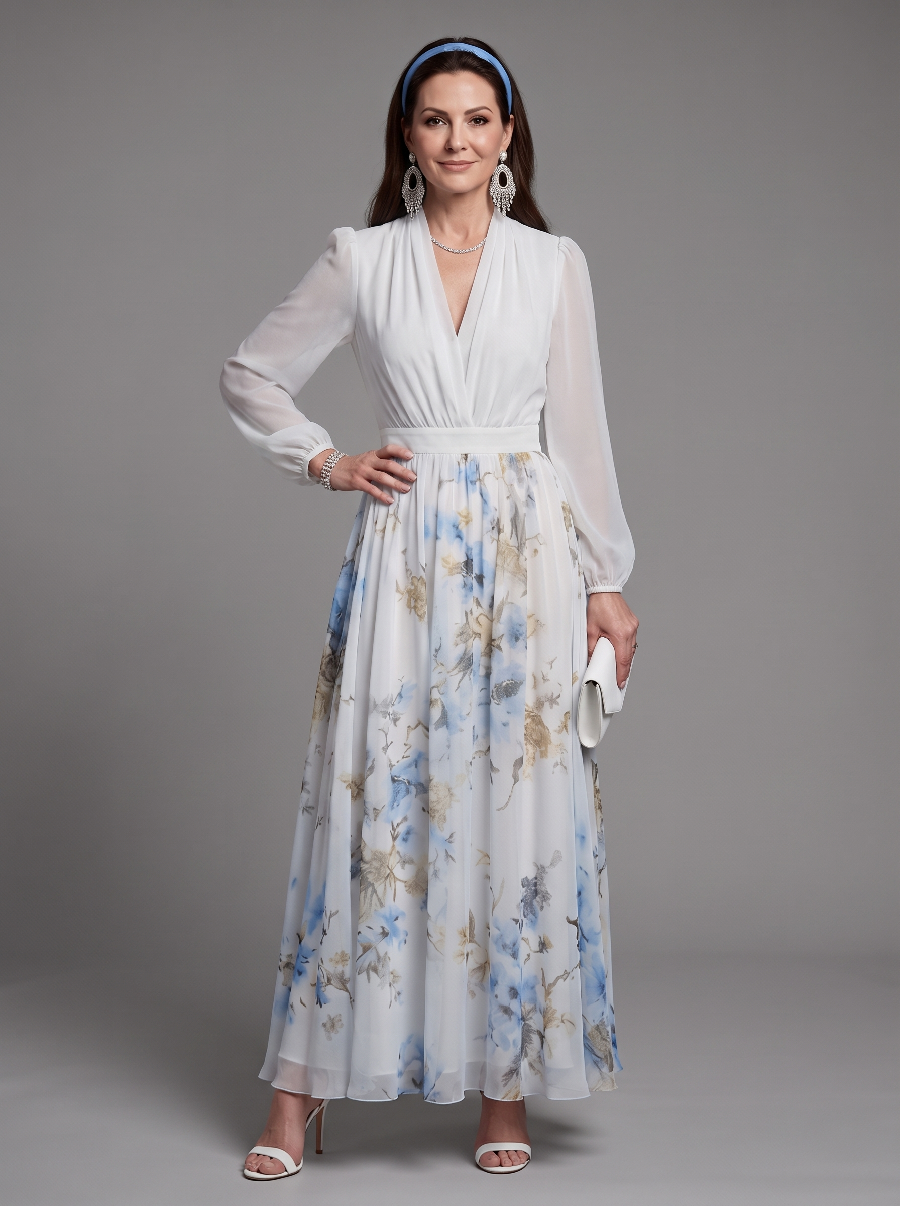 White V-neck sheer bodice floral maxi dress, long puff sleeves, gathered waist