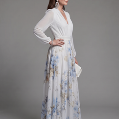 White V-neck sheer bodice floral maxi dress with long puff sleeves, gathered waist